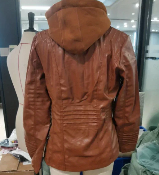 Women's Hooded Faux Leather Biker Jacket, Vintage Washed, Slim Fit