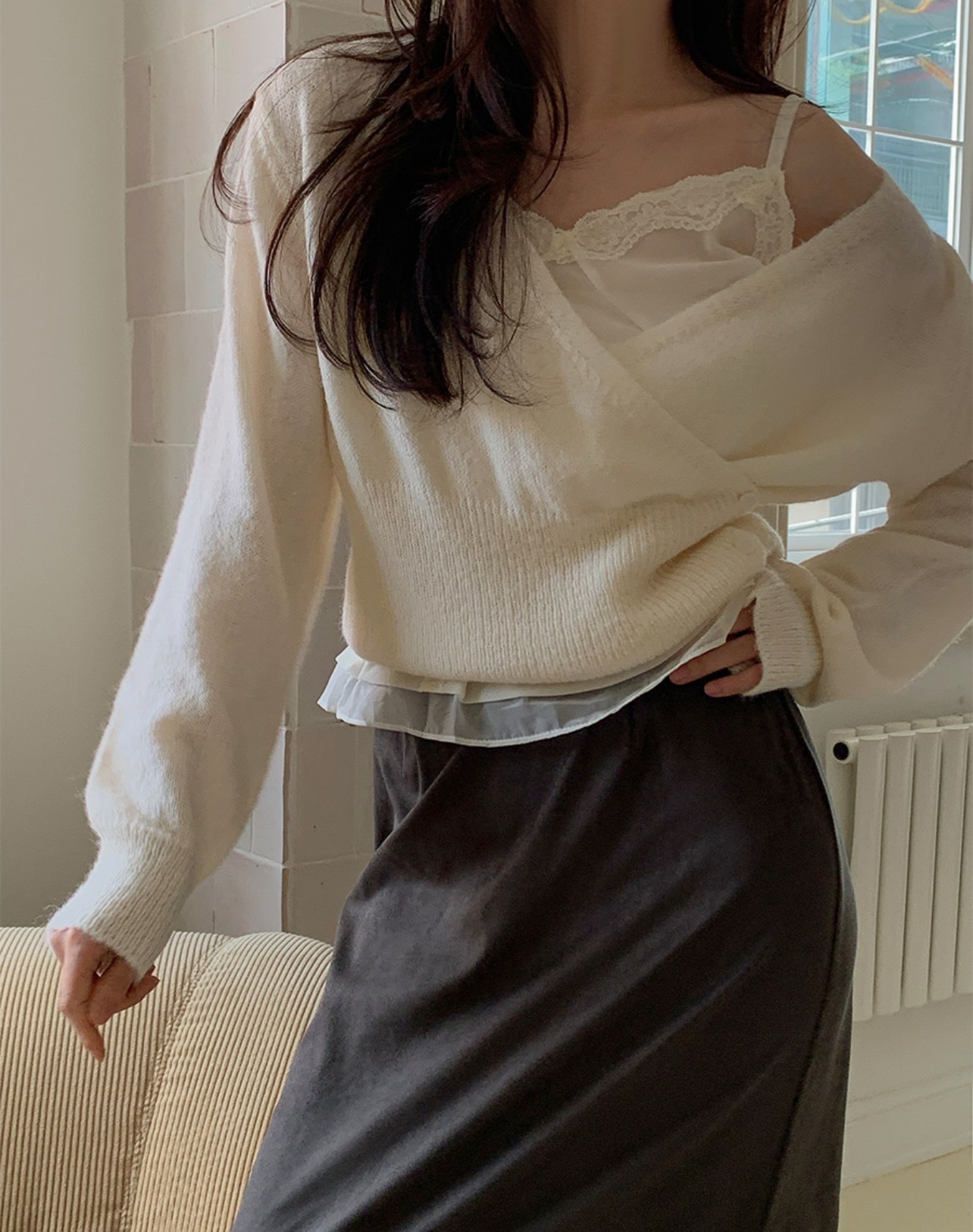Korean Style V-Neck Diagonal Button Knit Sweater