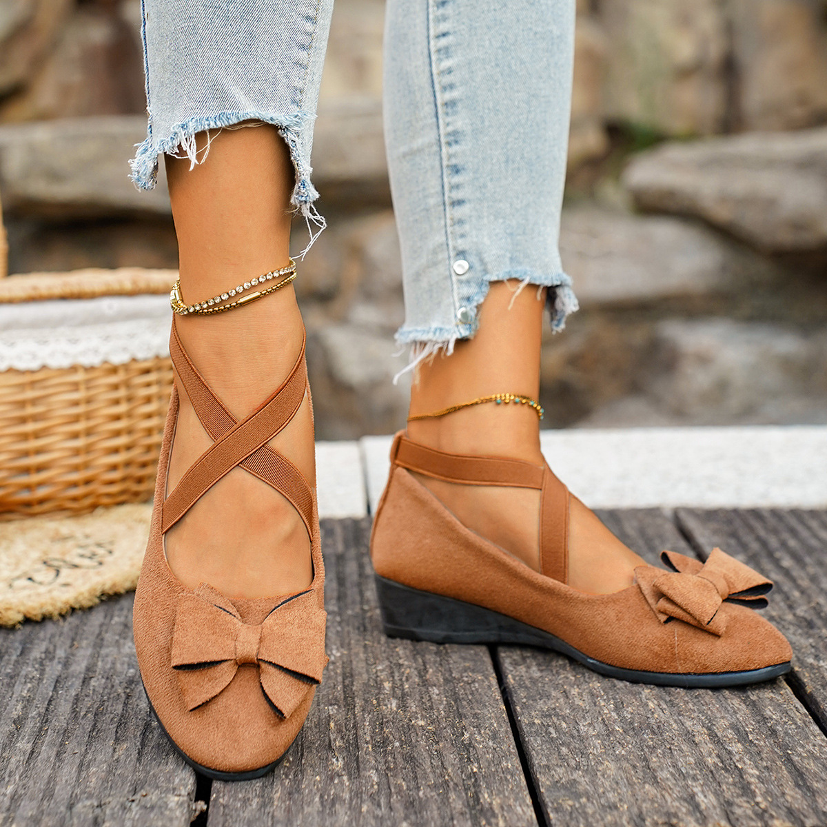 Women's Casual Wedge Shoes with Cross Strap Bow, Round Toe