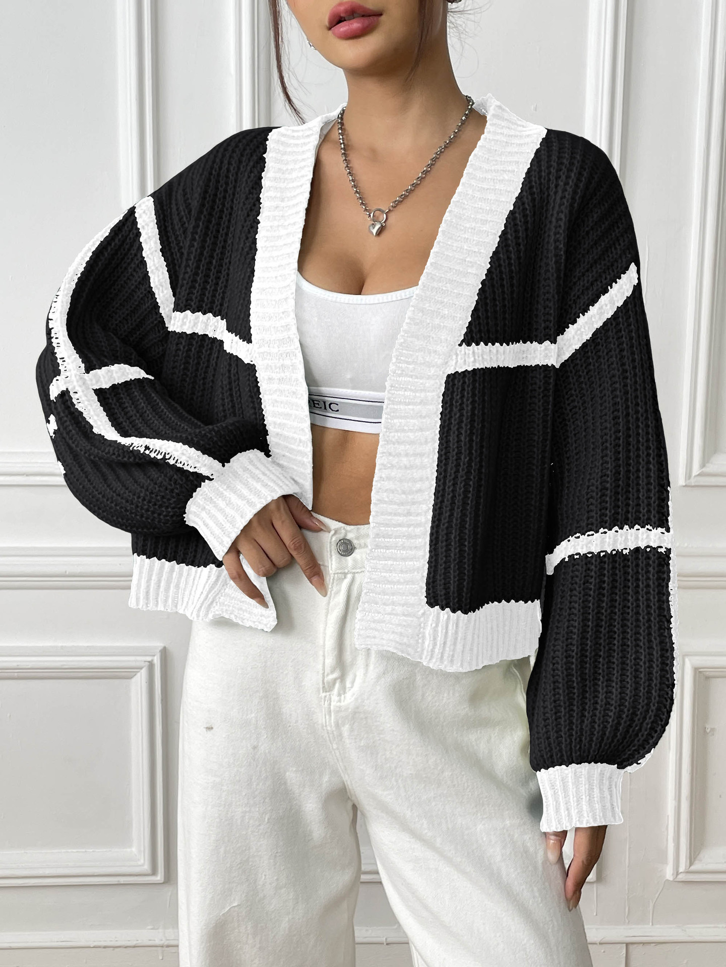 Women's Loose Color-Block Knit Cardigan with Lantern Sleeves