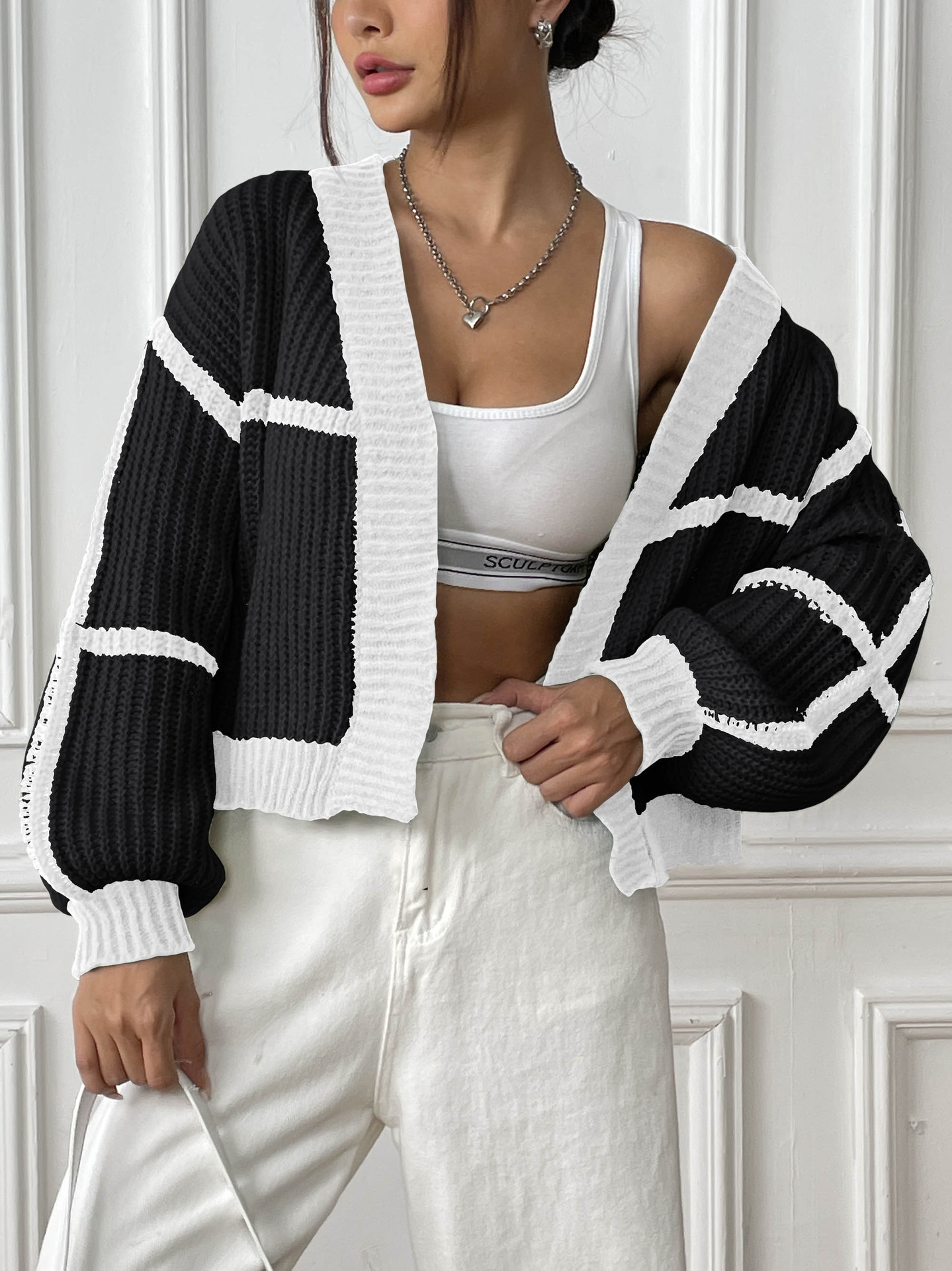 Women's Loose Color-Block Knit Cardigan with Lantern Sleeves