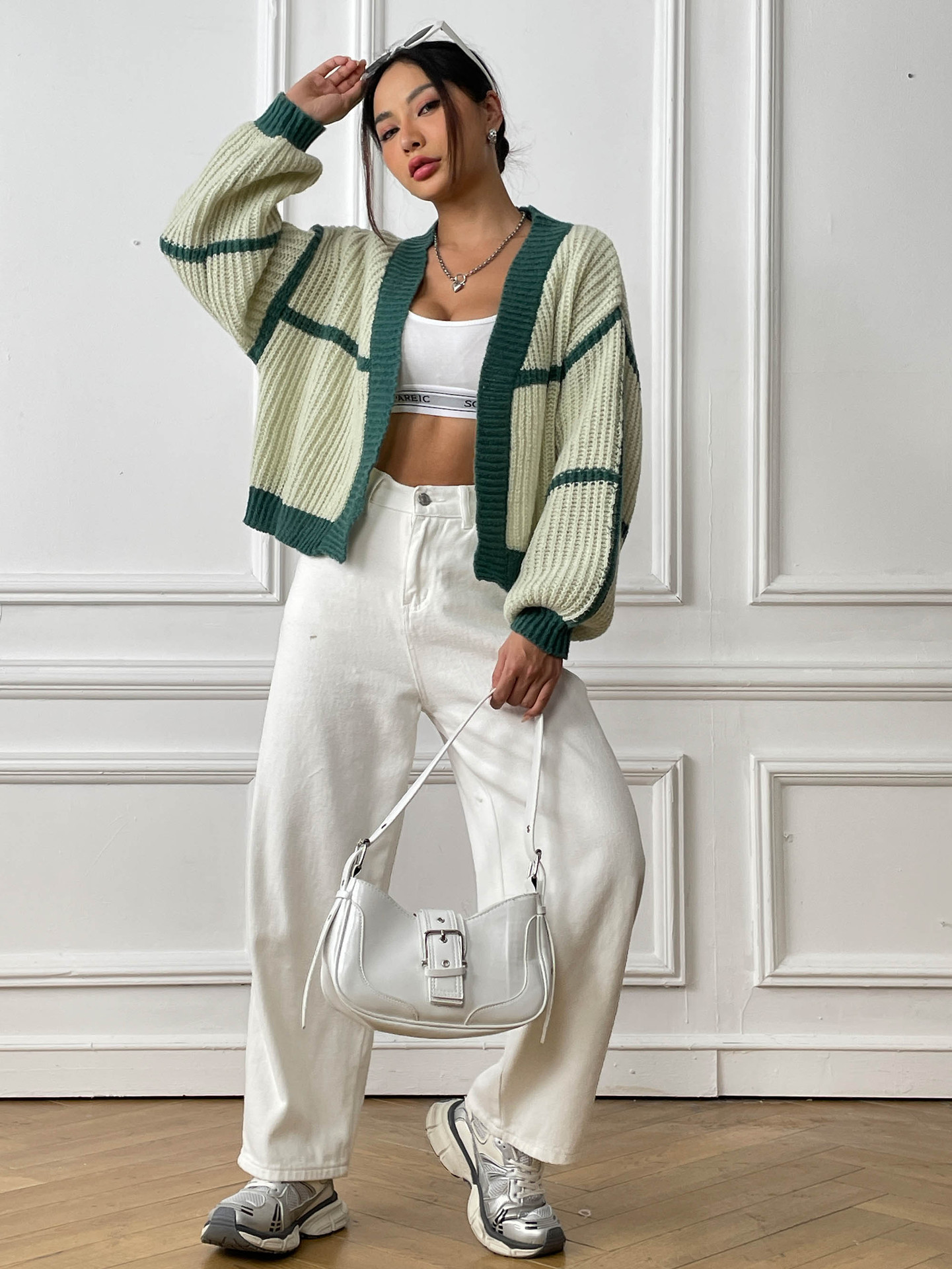 Women's Loose Color-Block Knit Cardigan with Lantern Sleeves