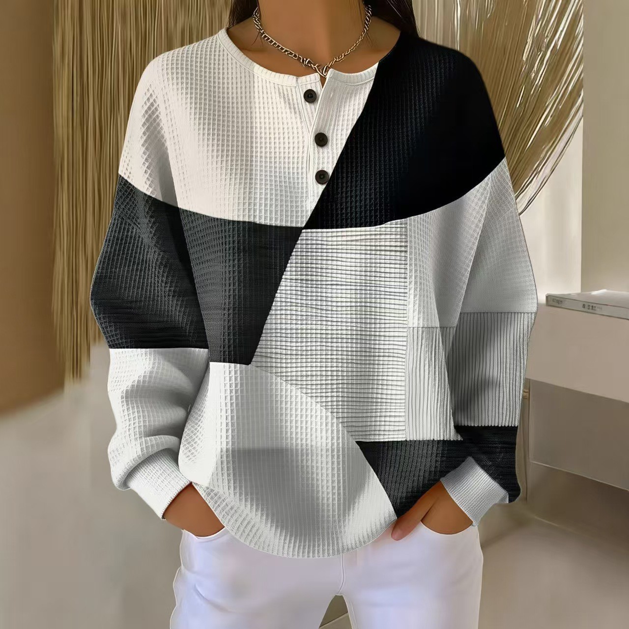Women's 3D Printed Slim Fit Waffle Knit Stand Collar Long Sleeve Polo Shirt