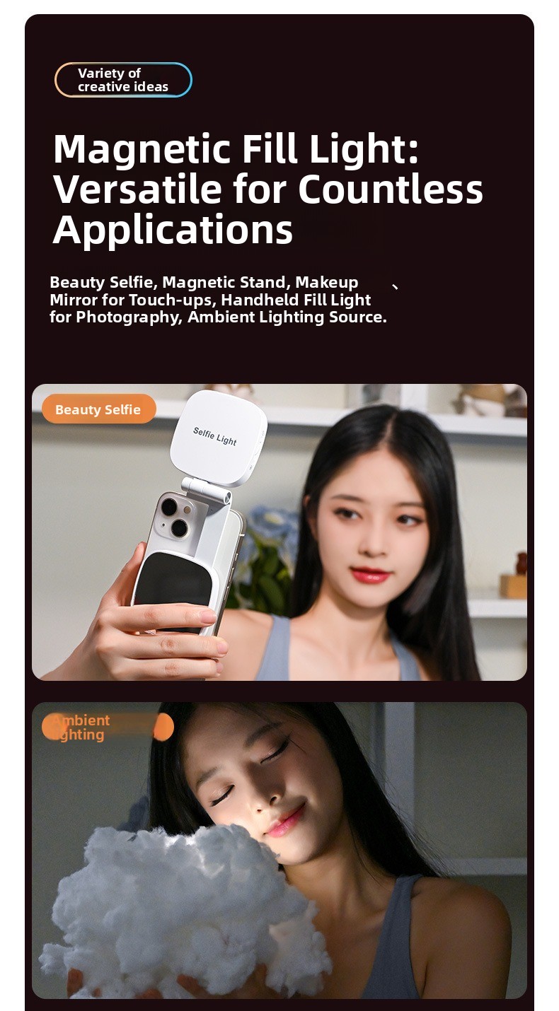 Mini Magnetic Selfie Light with Mirror, 3-Color Rechargeable Phone Fill Light