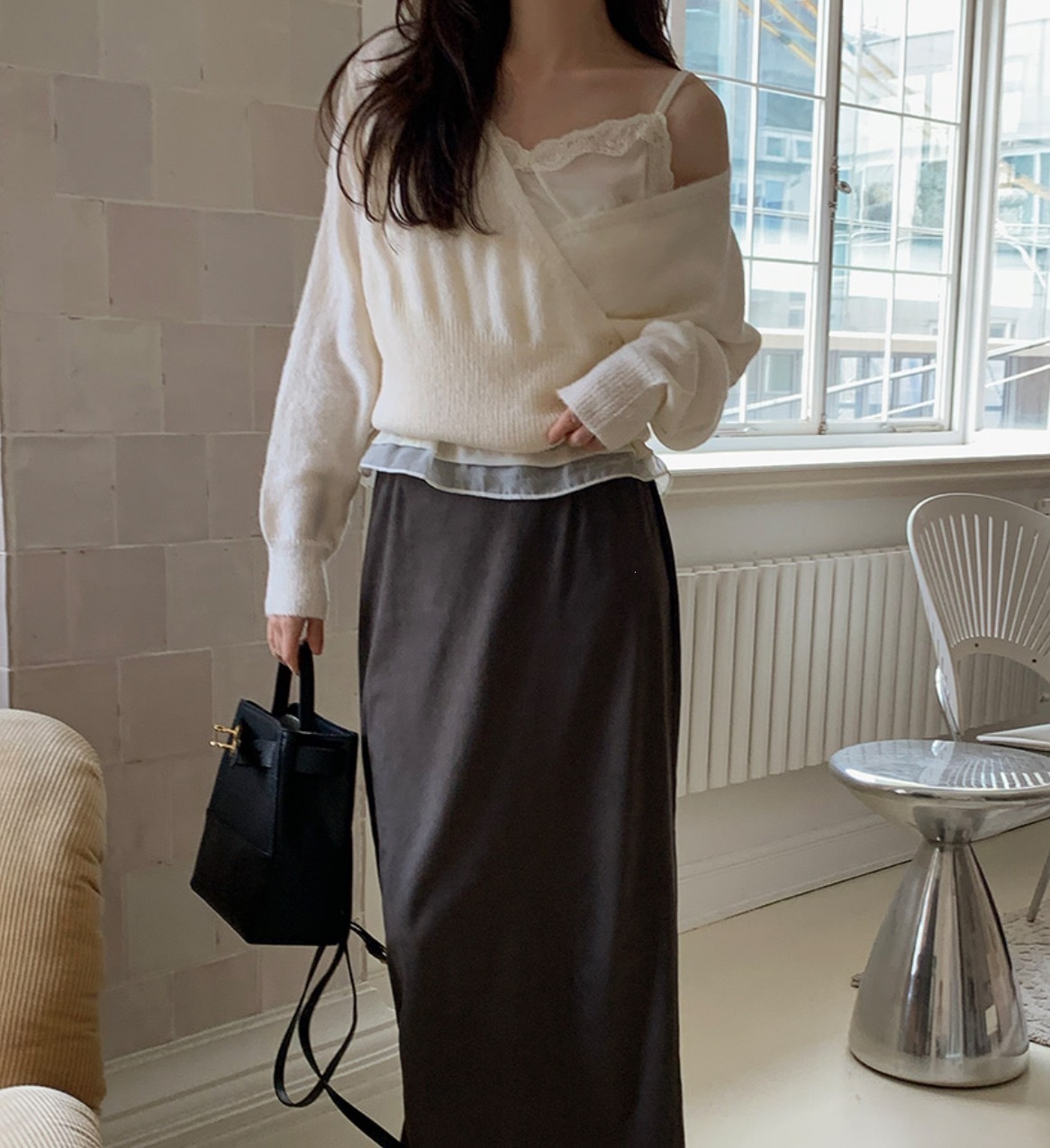 Korean Style V-Neck Diagonal Button Knit Sweater