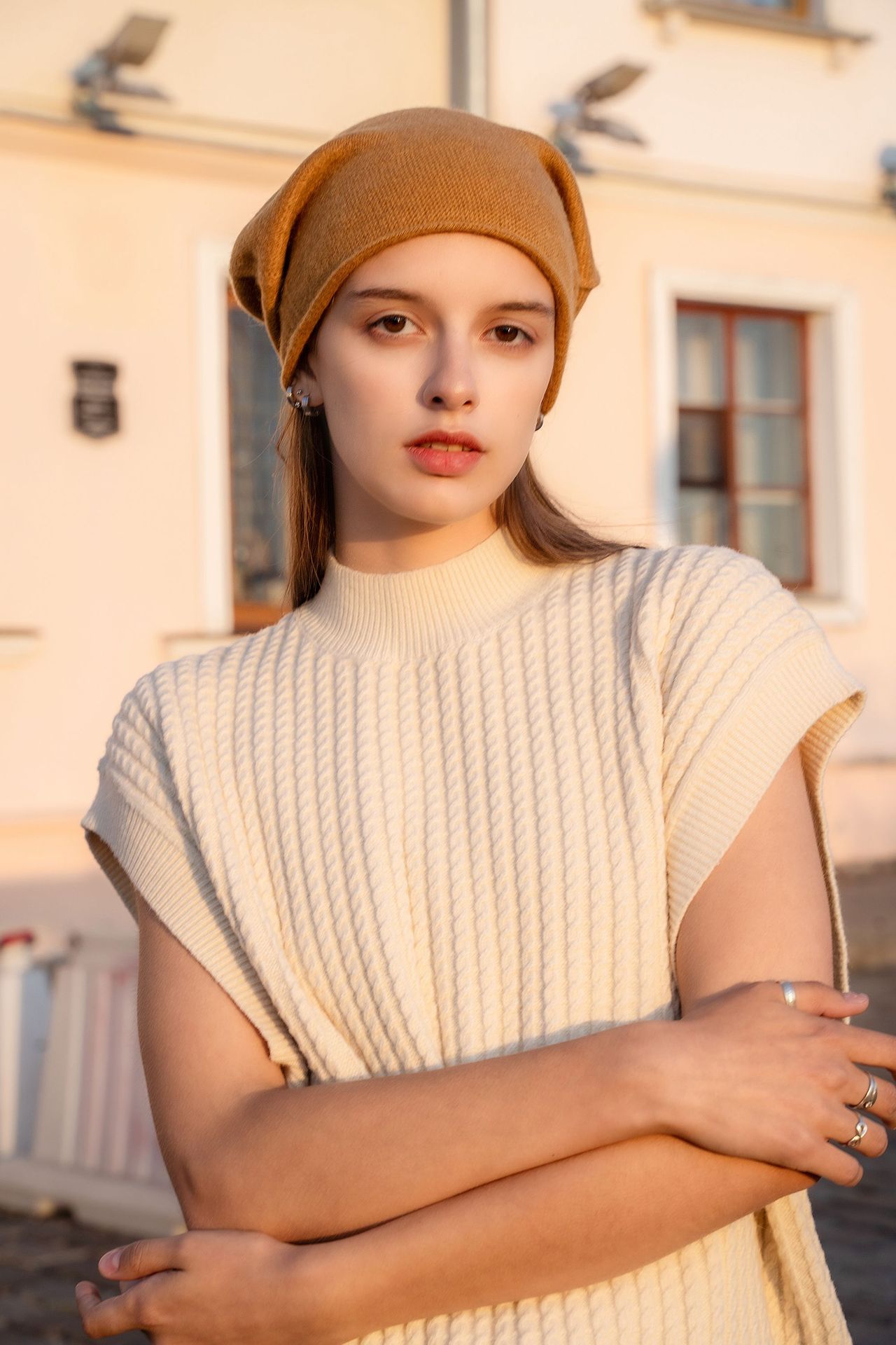 Women's Cashmere Knit Beanie with Curled Brim, Warm Dome Winter Hat