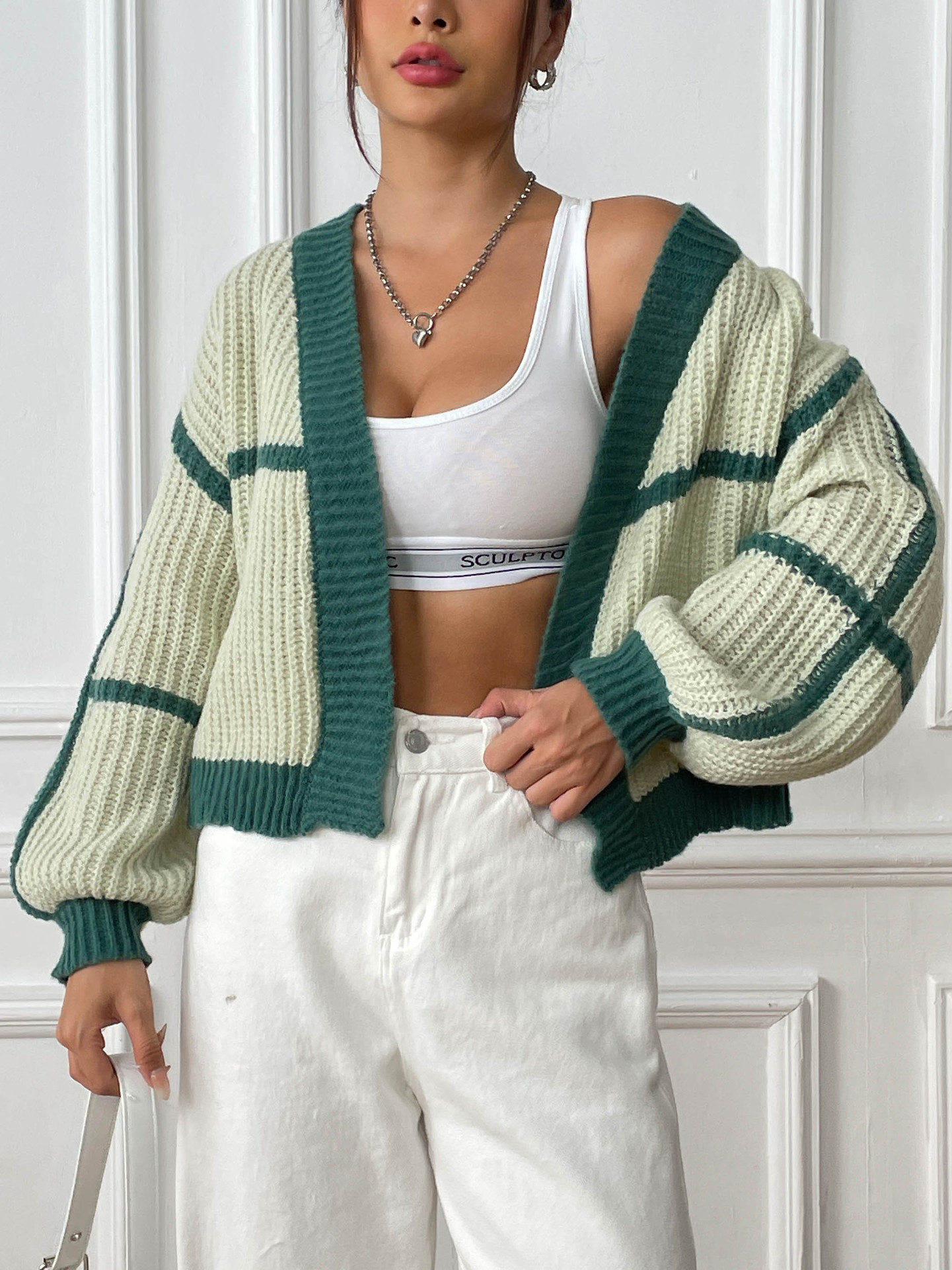 Women's Loose Color-Block Knit Cardigan with Lantern Sleeves