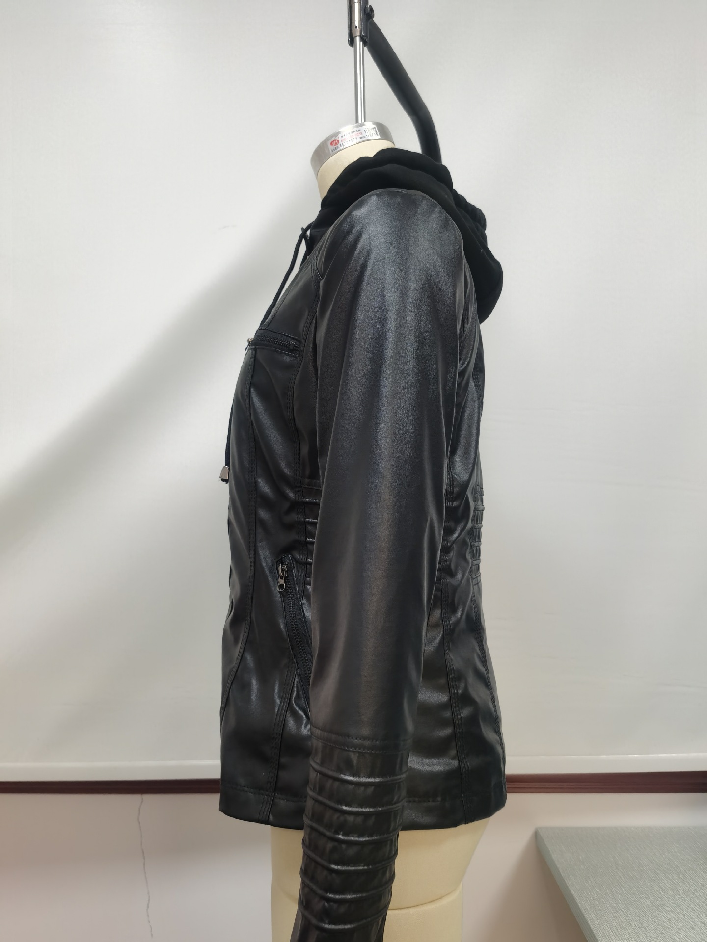 Women's Hooded Faux Leather Biker Jacket, Vintage Washed, Slim Fit
