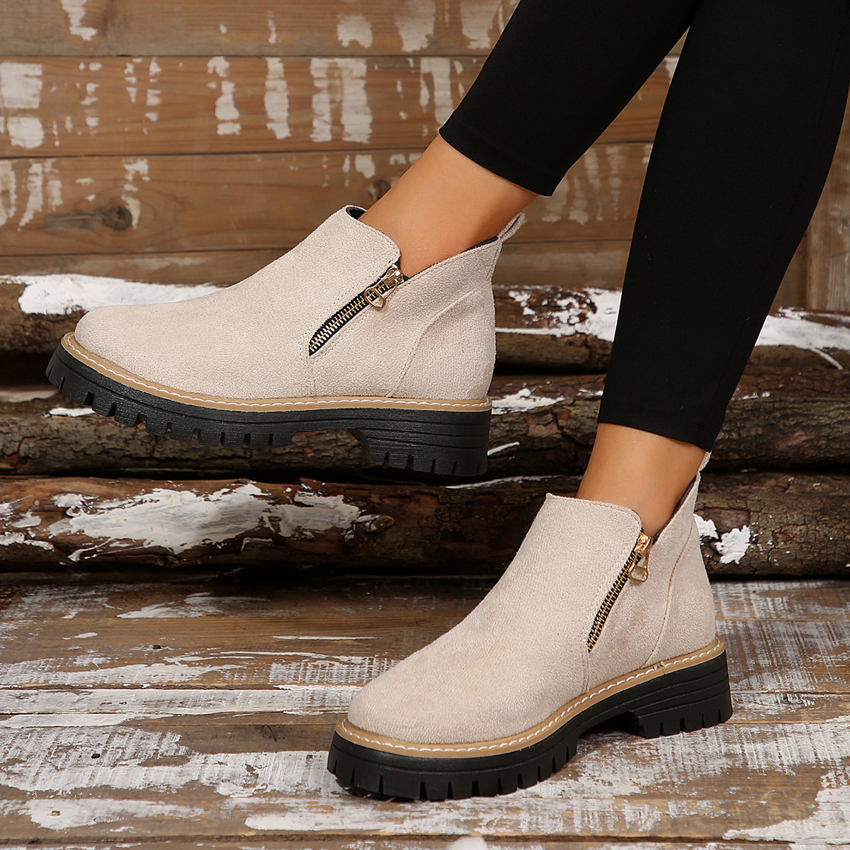 Women's Round Toe Side Zipper Square Heel Synthetic Leather Short Boots