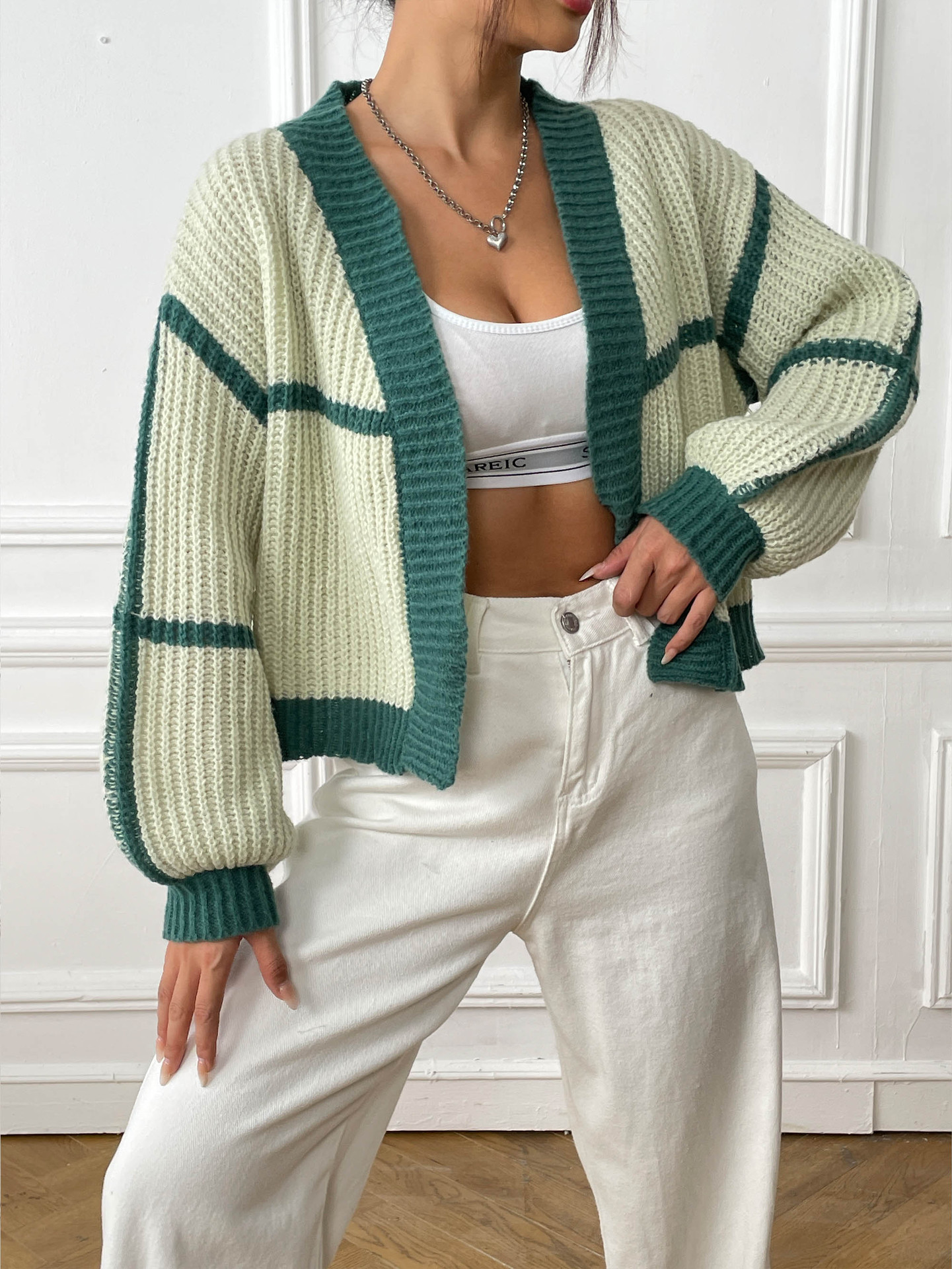 Women's Loose Color-Block Knit Cardigan with Lantern Sleeves