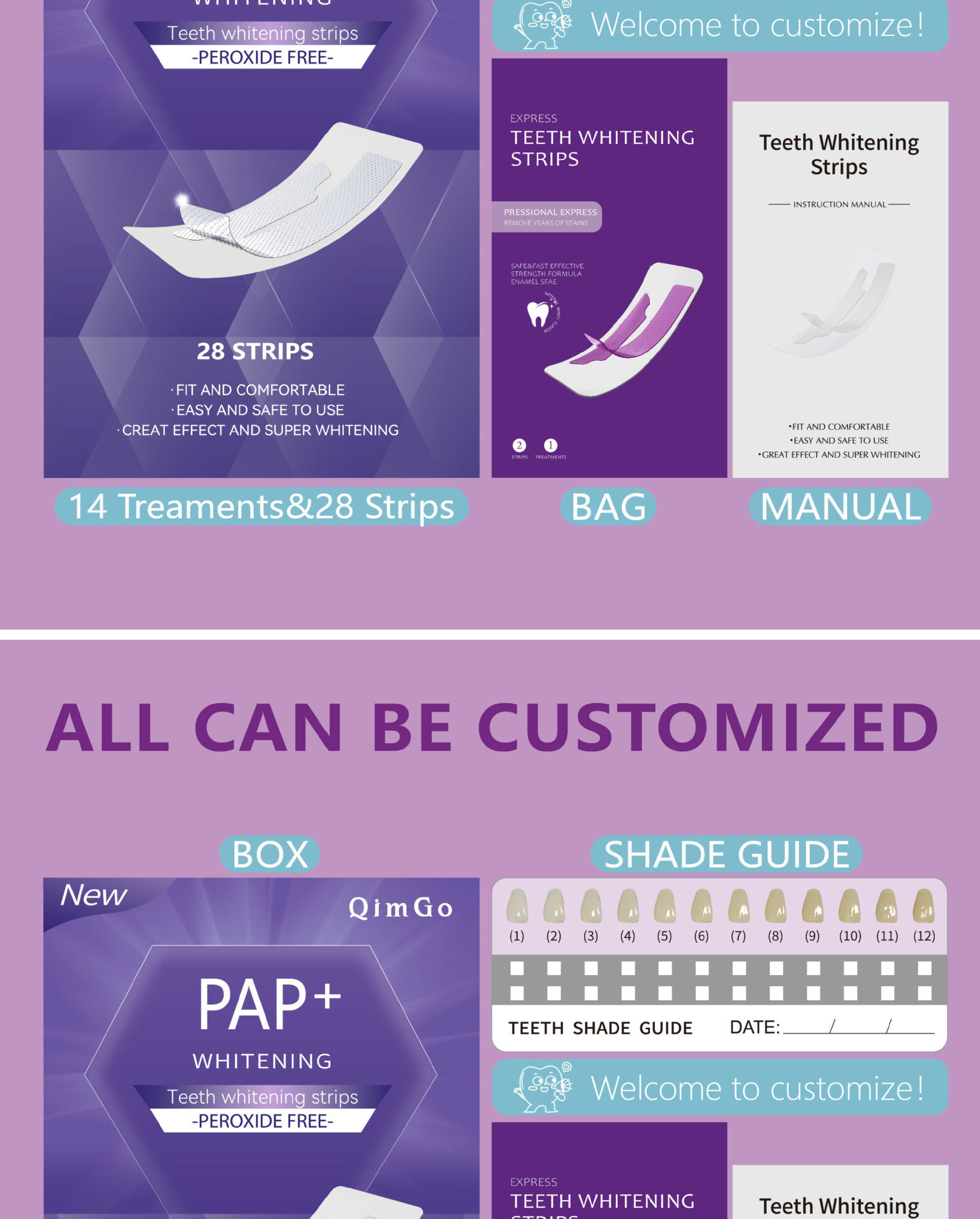 14 Pairs Purple PAP Teeth Whitening Strips Peroxide Gel Kit