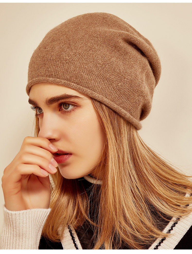 Women's Cashmere Knit Beanie with Curled Brim, Warm Dome Winter Hat