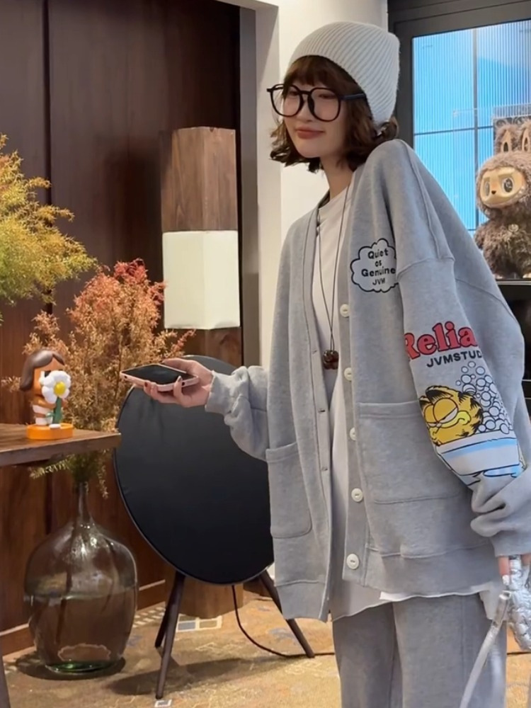 Gray Cartoon Print Button Sweatshirt Jacket, Plus Sizes