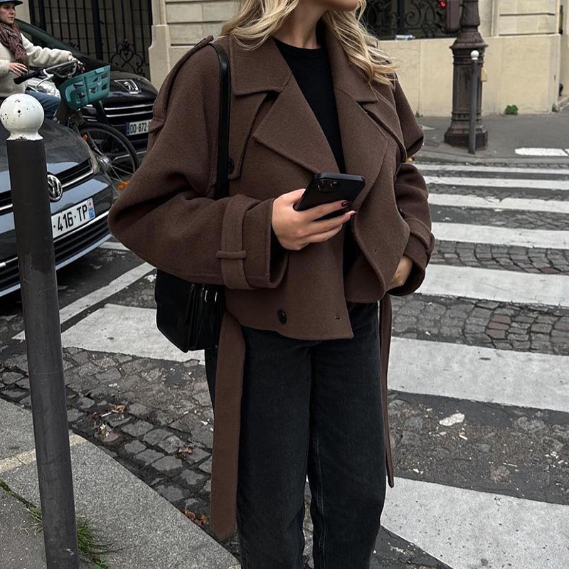 Women's Cropped Suit Collar Coat with Lace-Up Detail