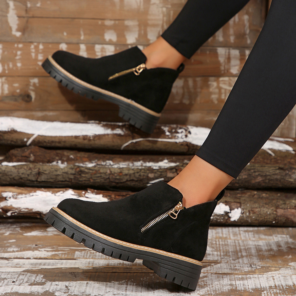 Women's Round Toe Side Zipper Square Heel Synthetic Leather Short Boots
