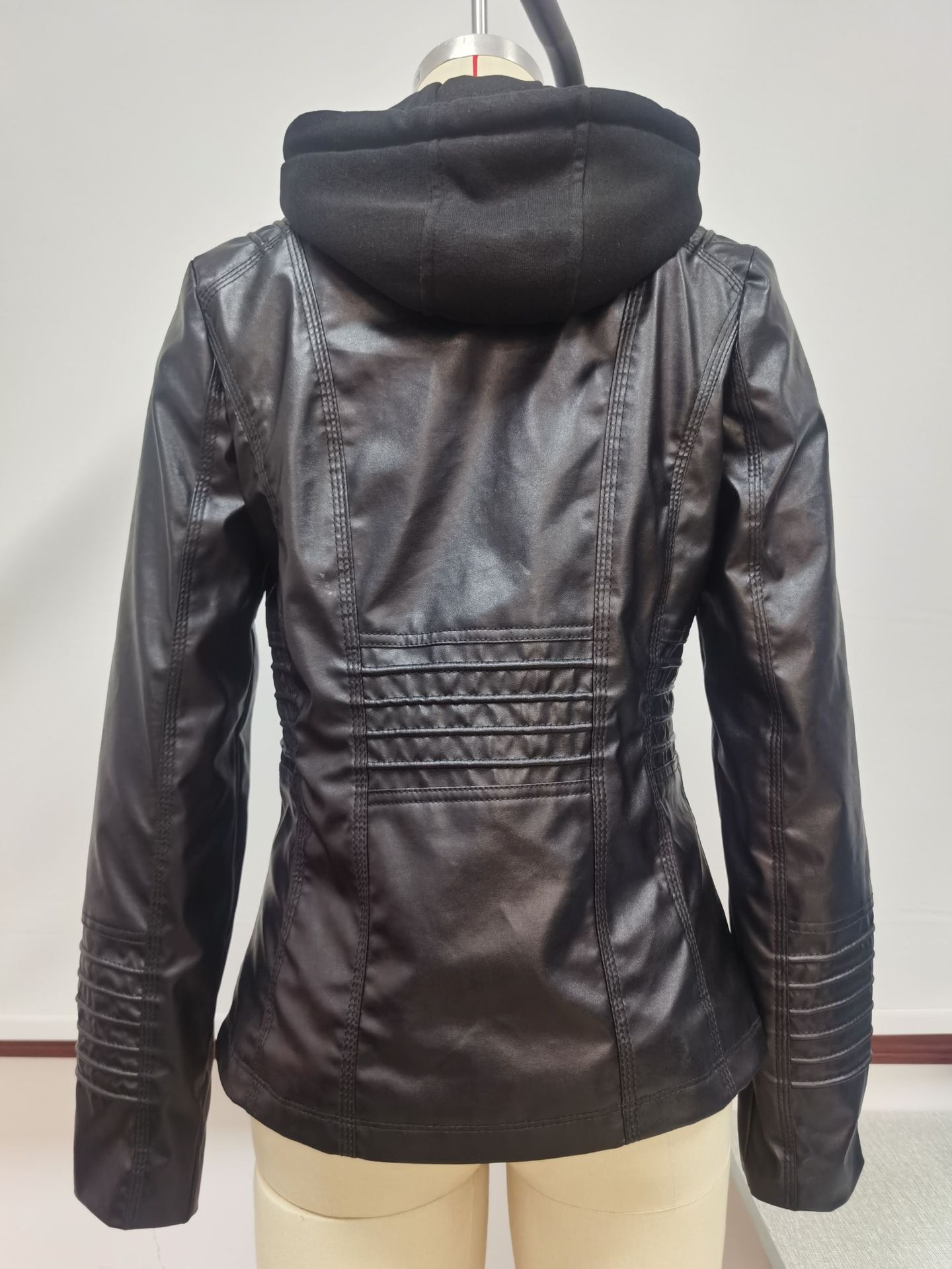 Women's Hooded Faux Leather Biker Jacket, Vintage Washed, Slim Fit