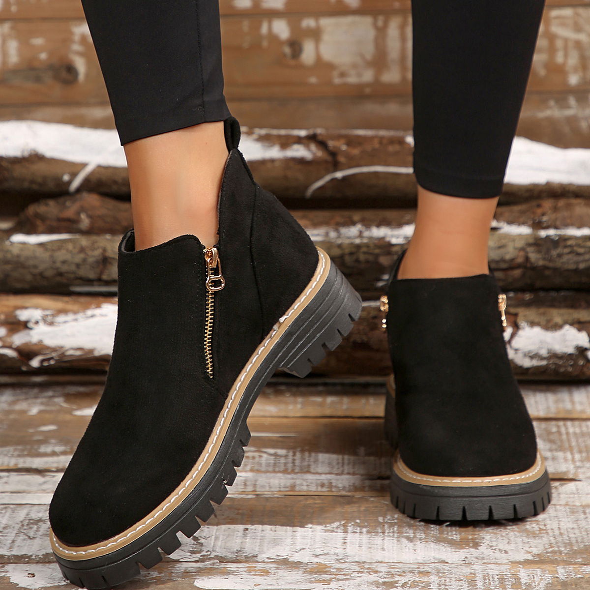 Women's Round Toe Side Zipper Square Heel Synthetic Leather Short Boots