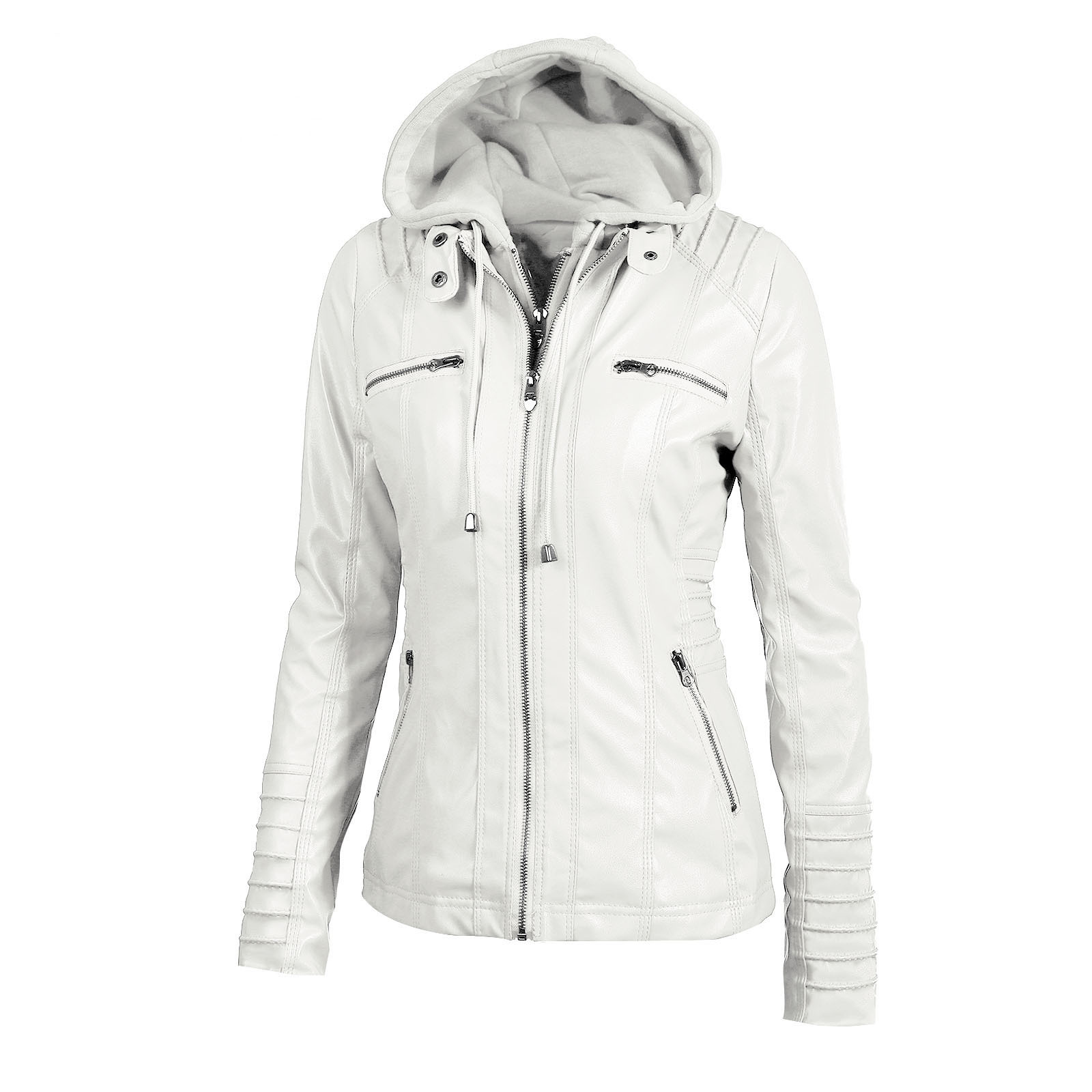 Women's Hooded Faux Leather Biker Jacket, Vintage Washed, Slim Fit