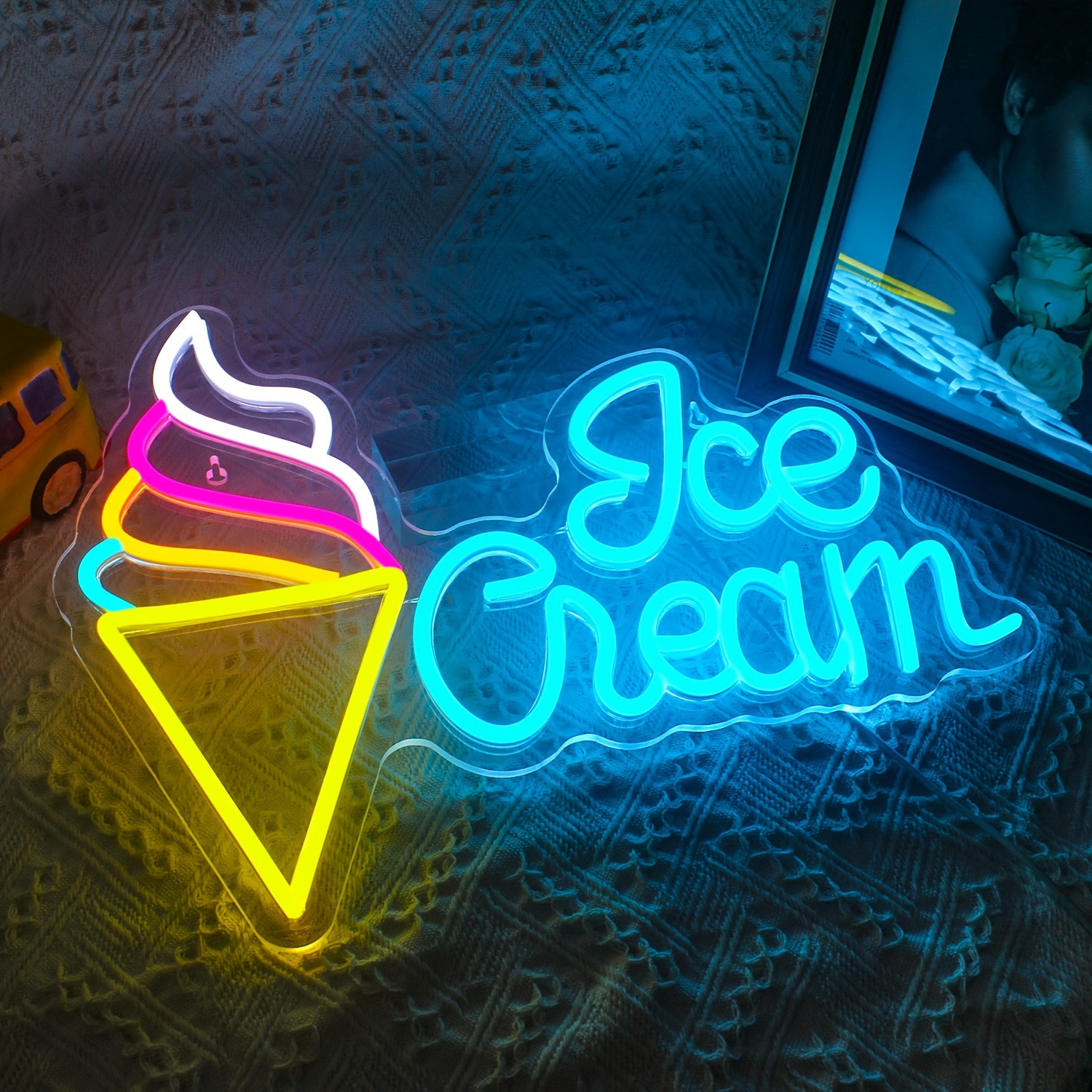 Ice Cream LED Neon Sign with Heart, Dimmable USB, 42 x 32 cm