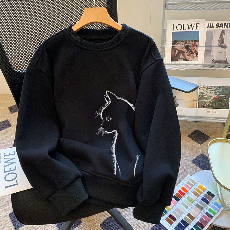 Cat Print Loose Long Sleeve Sweatshirt, Spring or Fleece