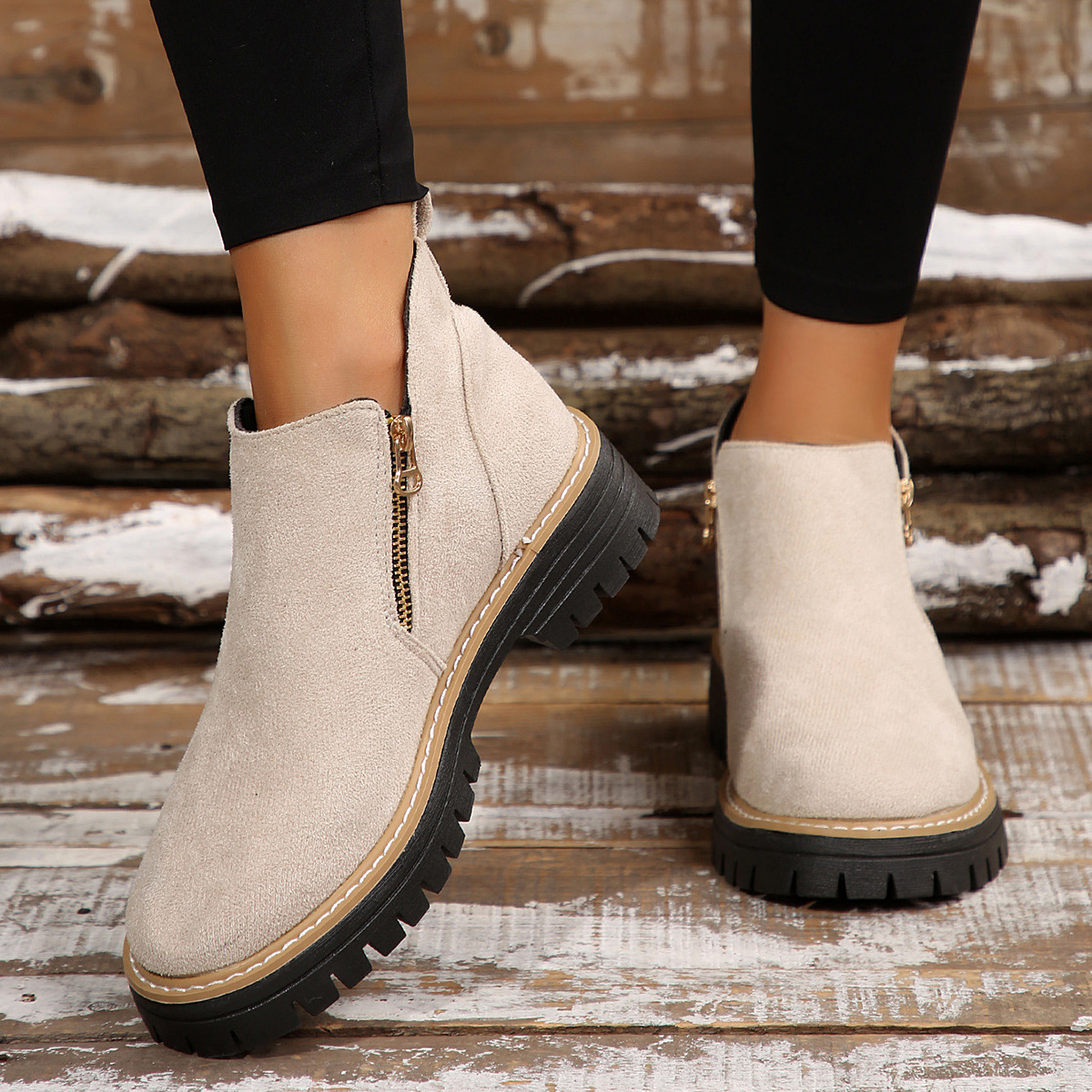 Women's Round Toe Side Zipper Square Heel Synthetic Leather Short Boots