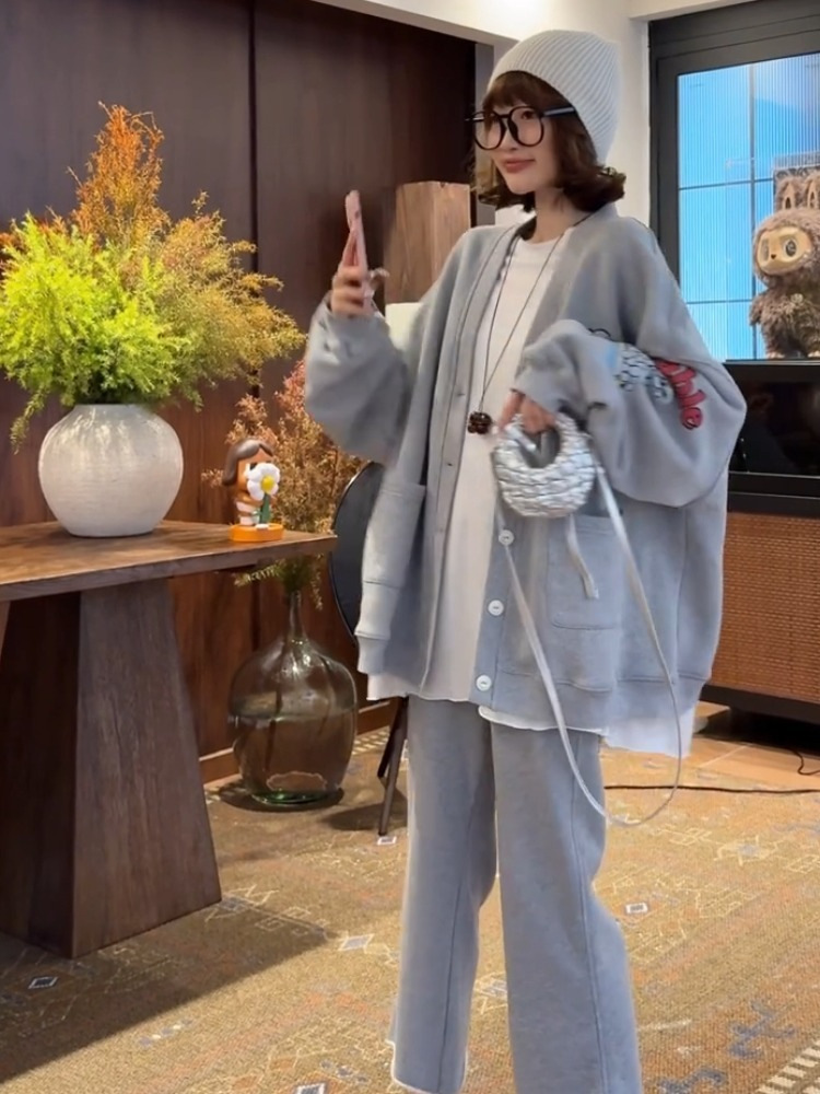 Gray Cartoon Print Button Sweatshirt Jacket, Plus Sizes
