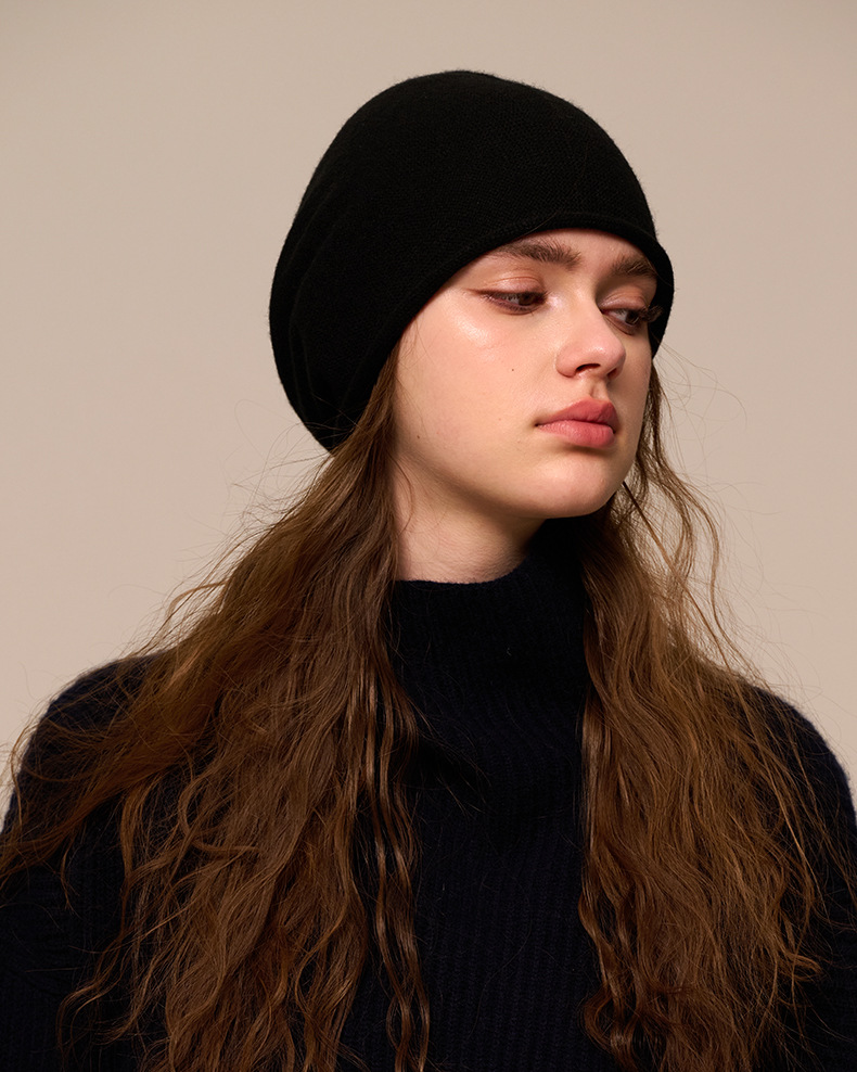 Women's Cashmere Knit Beanie with Curled Brim, Warm Dome Winter Hat