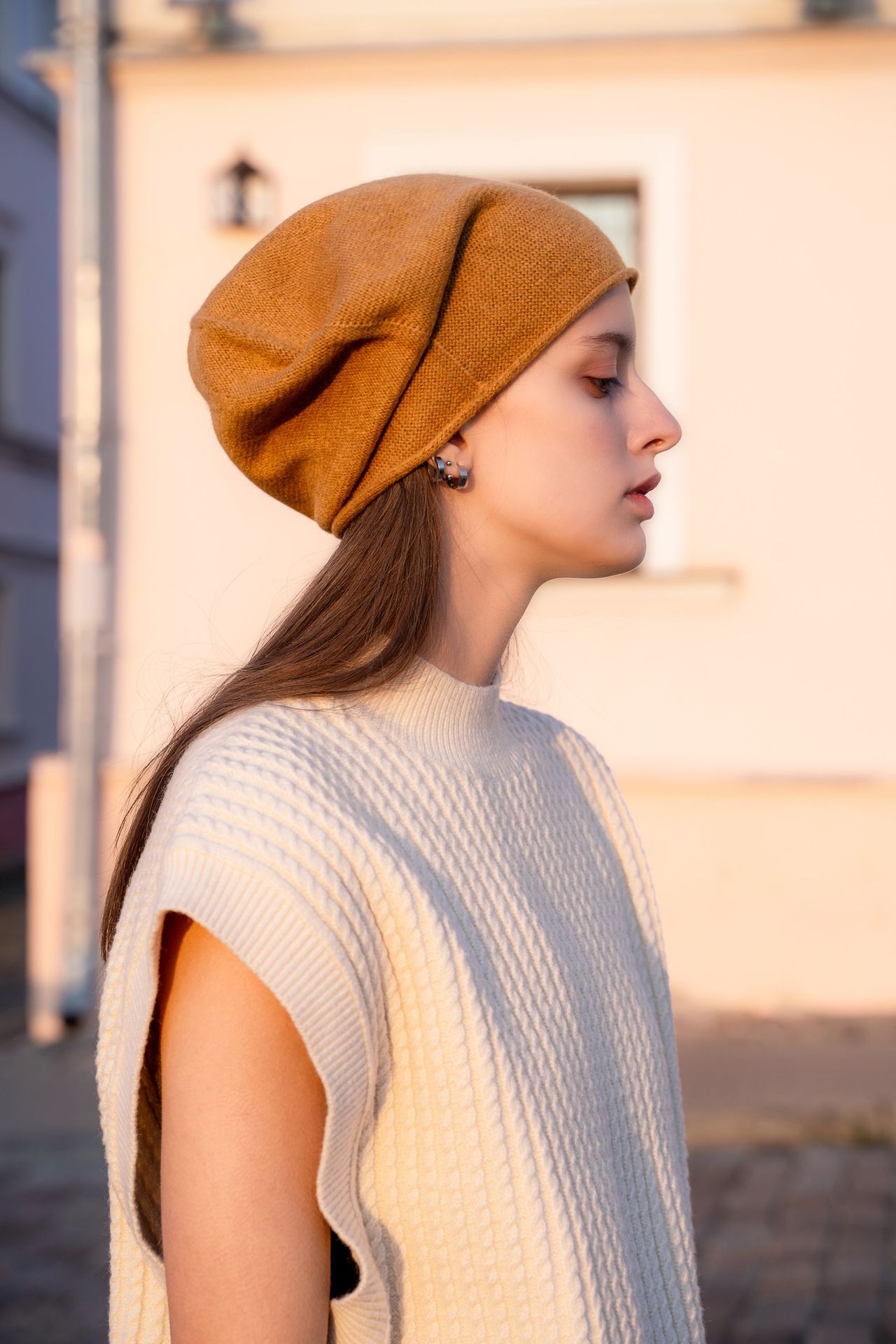 Women's Cashmere Knit Beanie with Curled Brim, Warm Dome Winter Hat
