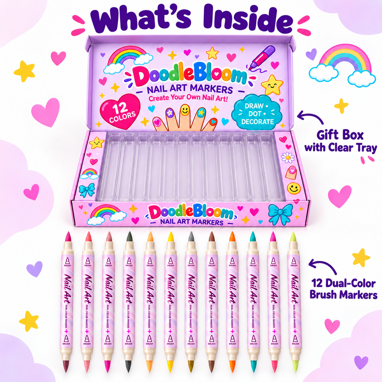 12-Color Metallic Dual-Tip Pearl Effect Nail Art Pen Set with Gift Box