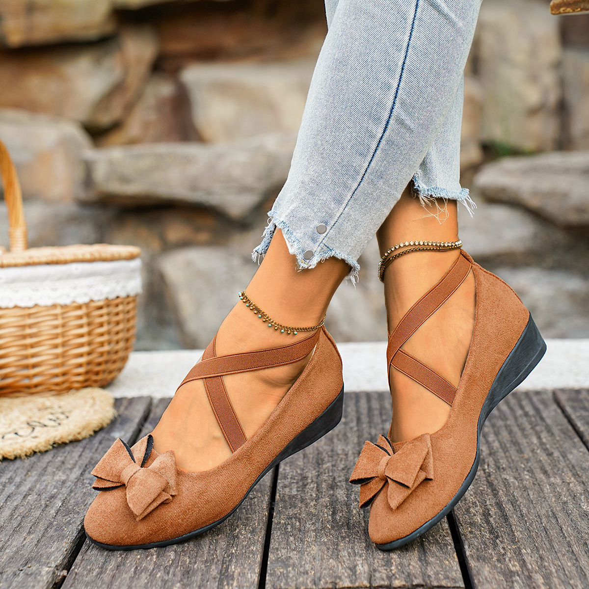 Women's Casual Wedge Shoes with Cross Strap Bow, Round Toe