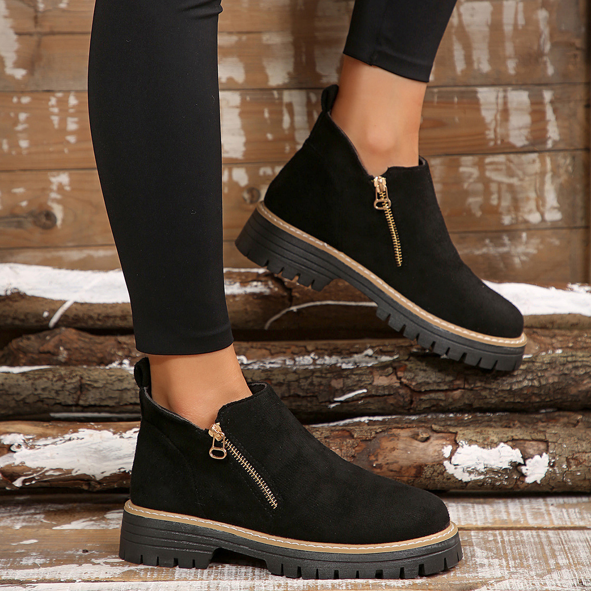 Women's Round Toe Side Zipper Square Heel Synthetic Leather Short Boots
