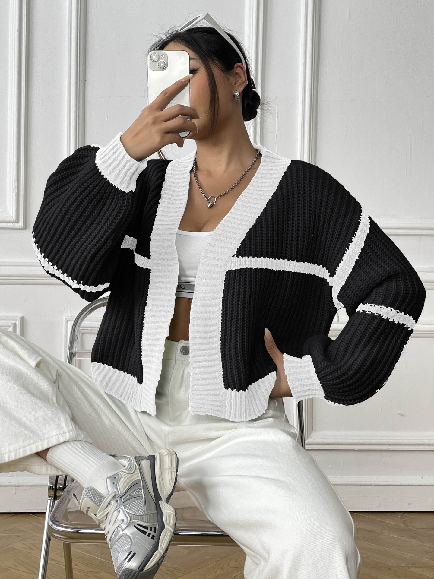 Women's Loose Color-Block Knit Cardigan with Lantern Sleeves