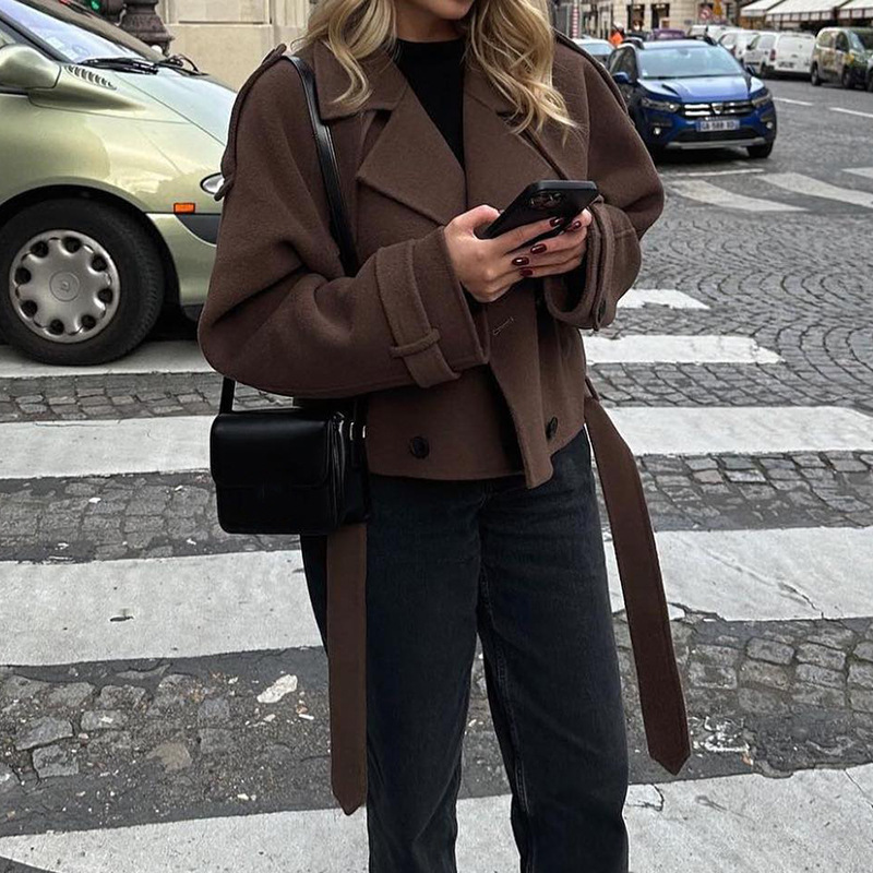 Women's Cropped Suit Collar Coat with Lace-Up Detail