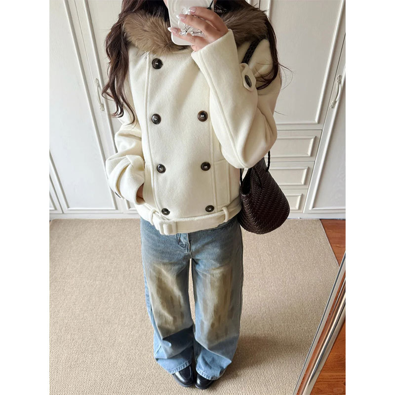 Women's Thick Velvet Double-Breasted Hooded Coat with Faux Fur Collar