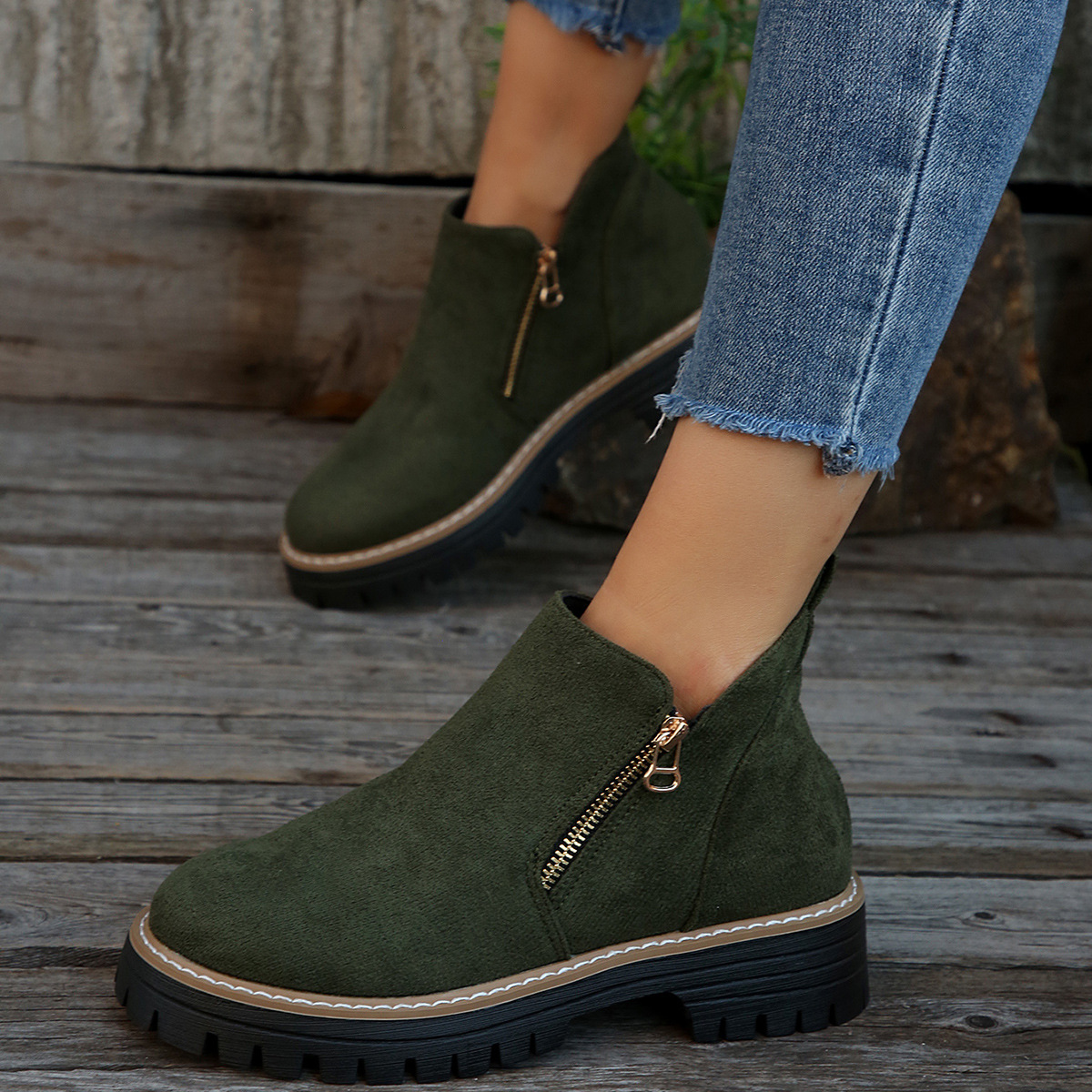 Women's Round Toe Side Zipper Square Heel Synthetic Leather Short Boots
