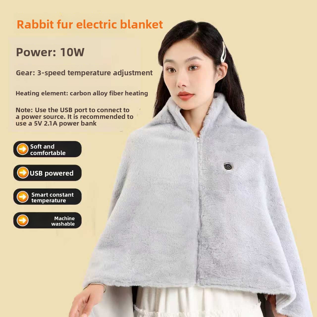 USB Heated Shawl Blanket with Graphene Heating, 3 Heat Levels