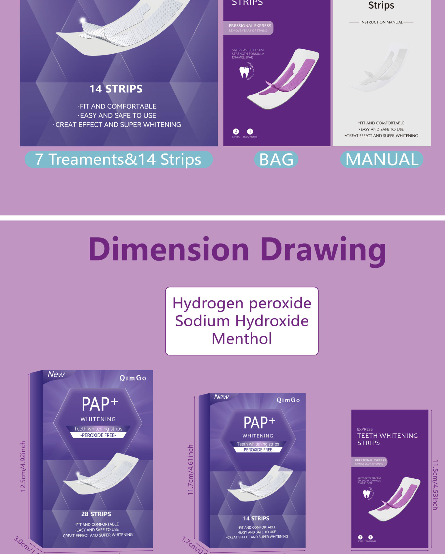 14 Pairs Purple PAP Teeth Whitening Strips Peroxide Gel Kit