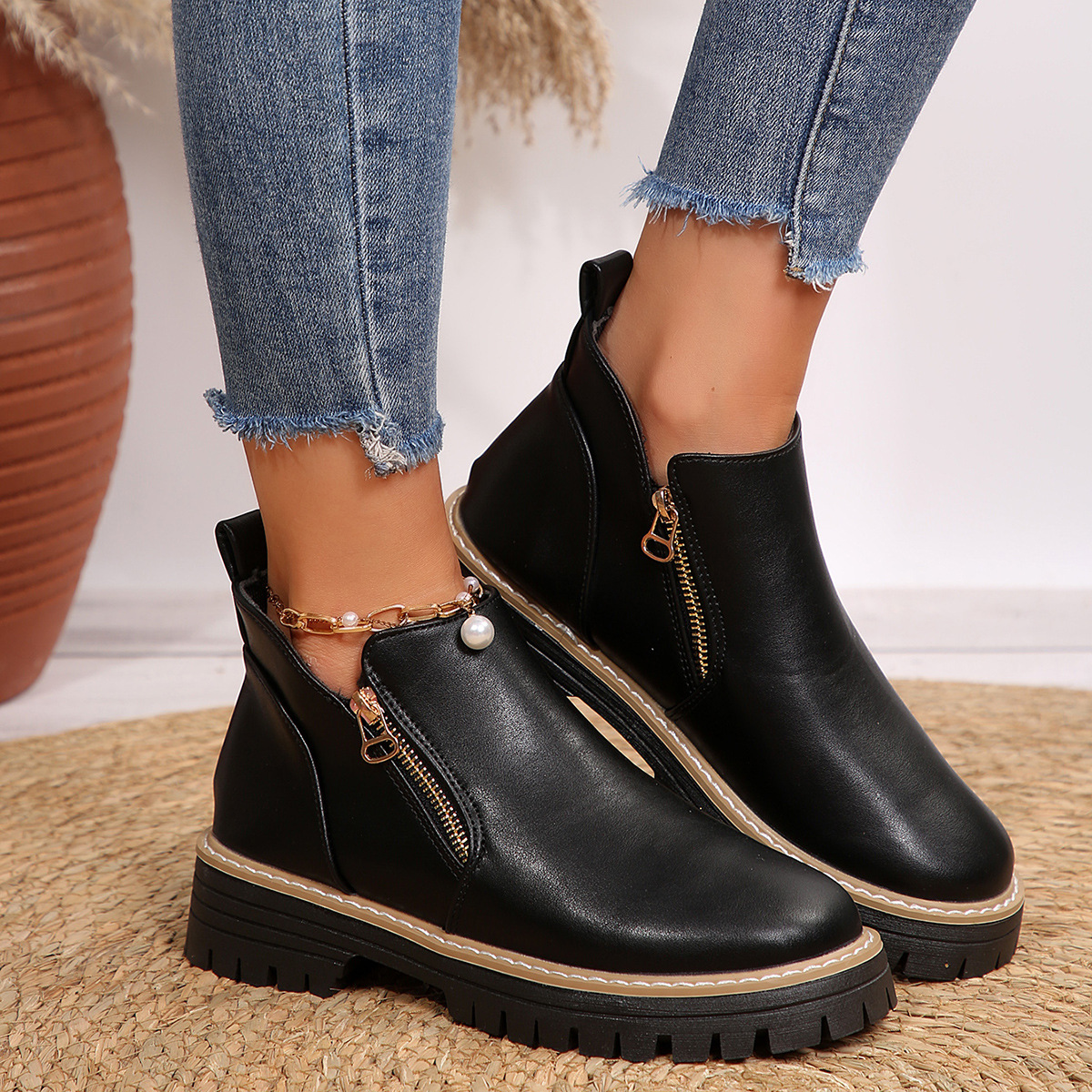Women's Round Toe Square Heel Short Boots, Snake and Two-Tone Styles