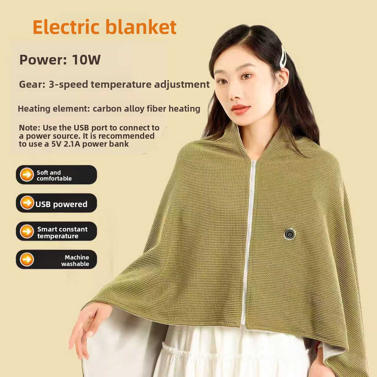USB Heated Shawl Blanket with Graphene Heating, 3 Heat Levels