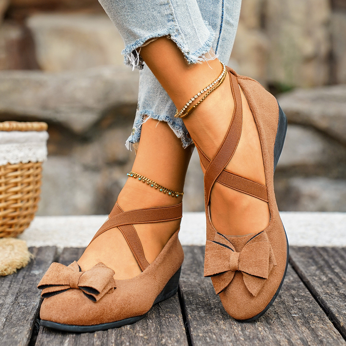 Women's Casual Wedge Shoes with Cross Strap Bow, Round Toe