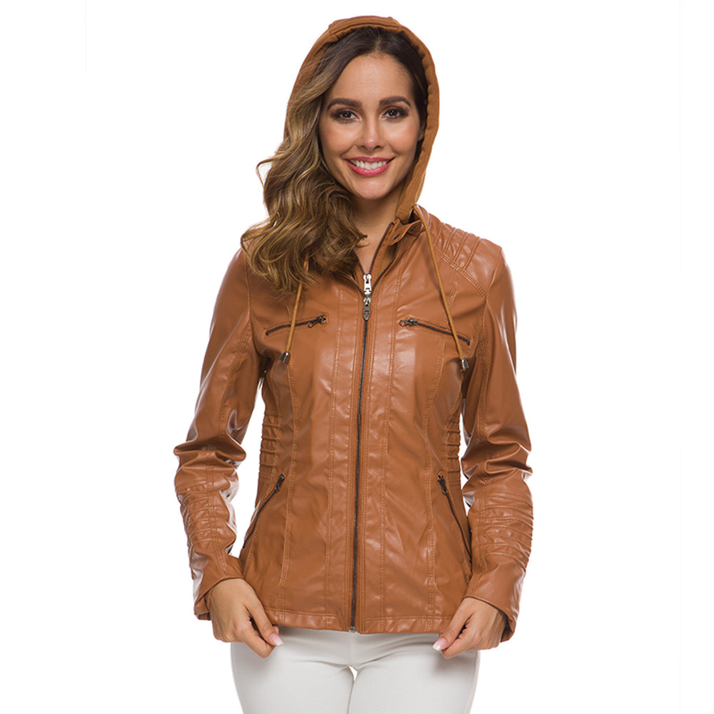 Women's Hooded Faux Leather Biker Jacket, Vintage Washed, Slim Fit