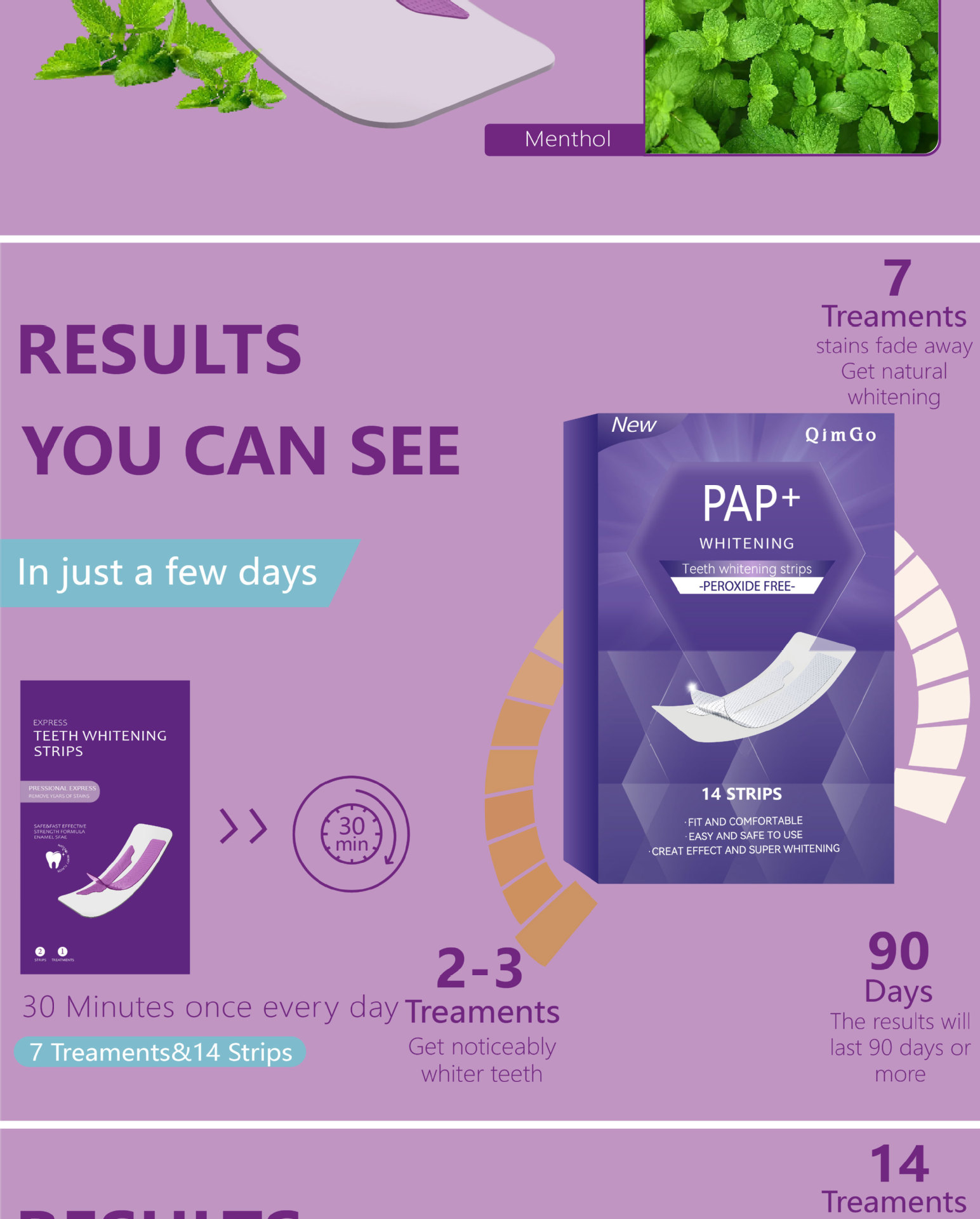 14 Pairs Purple PAP Teeth Whitening Strips Peroxide Gel Kit