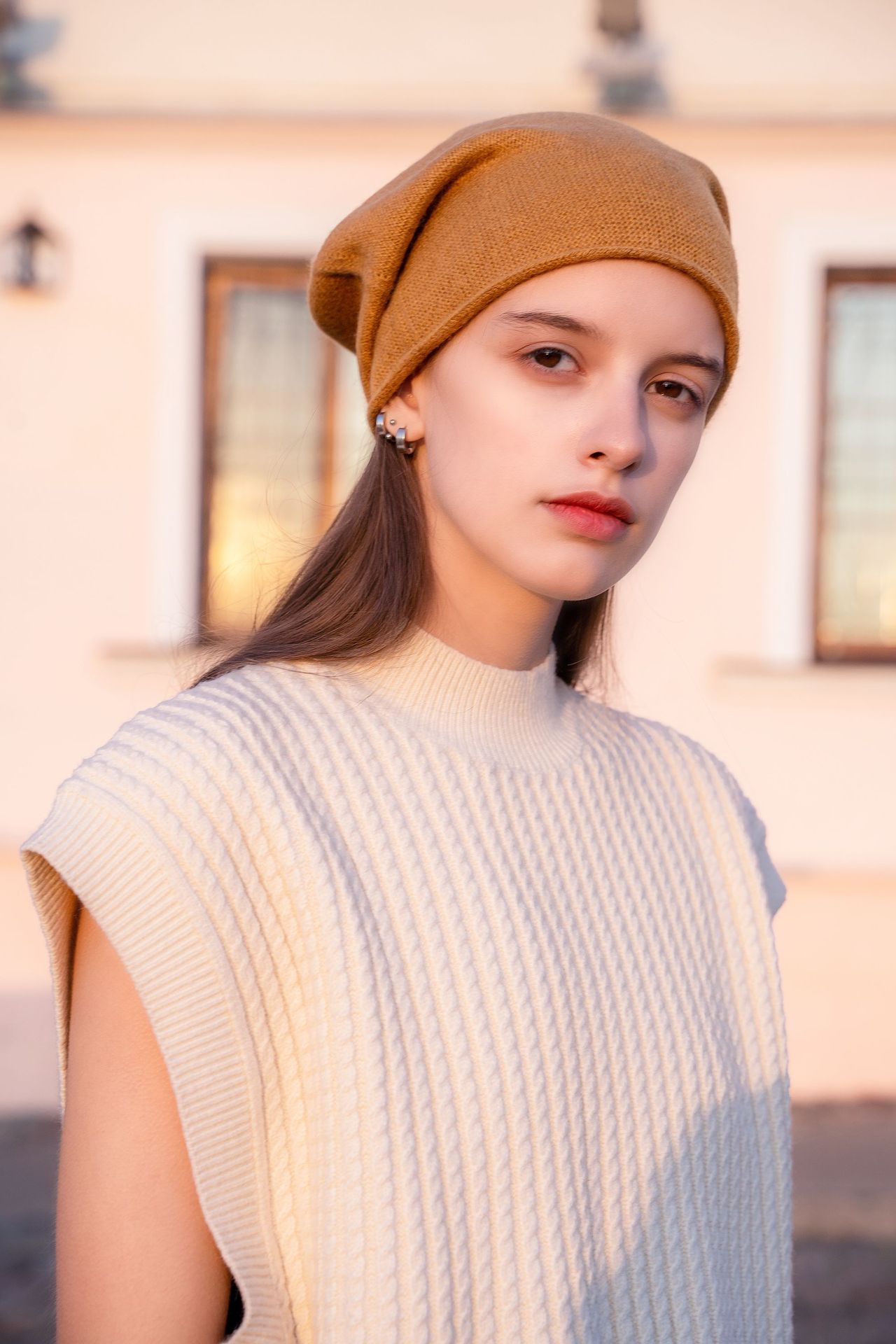 Women's Cashmere Knit Beanie with Curled Brim, Warm Dome Winter Hat