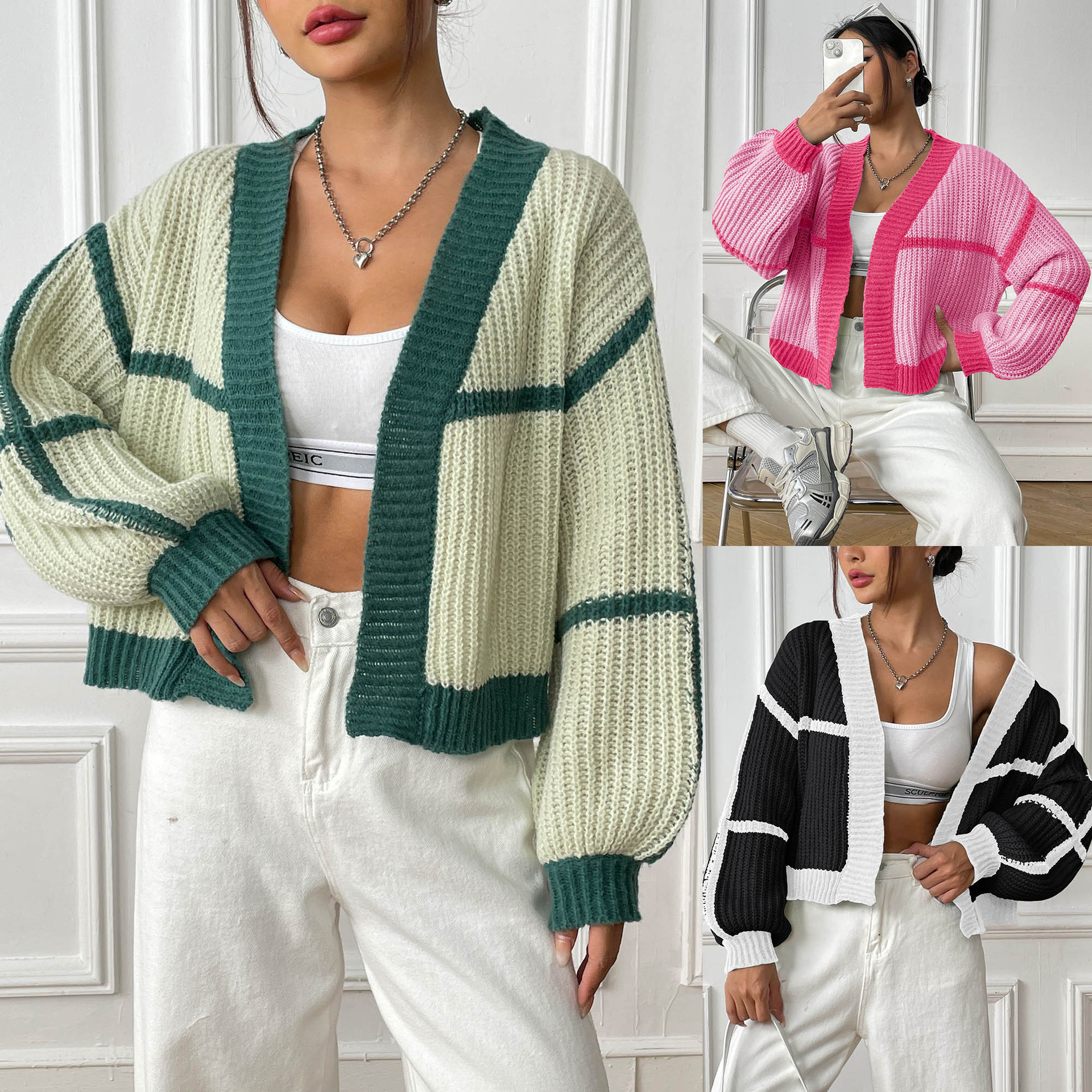 Women's Loose Color-Block Knit Cardigan with Lantern Sleeves
