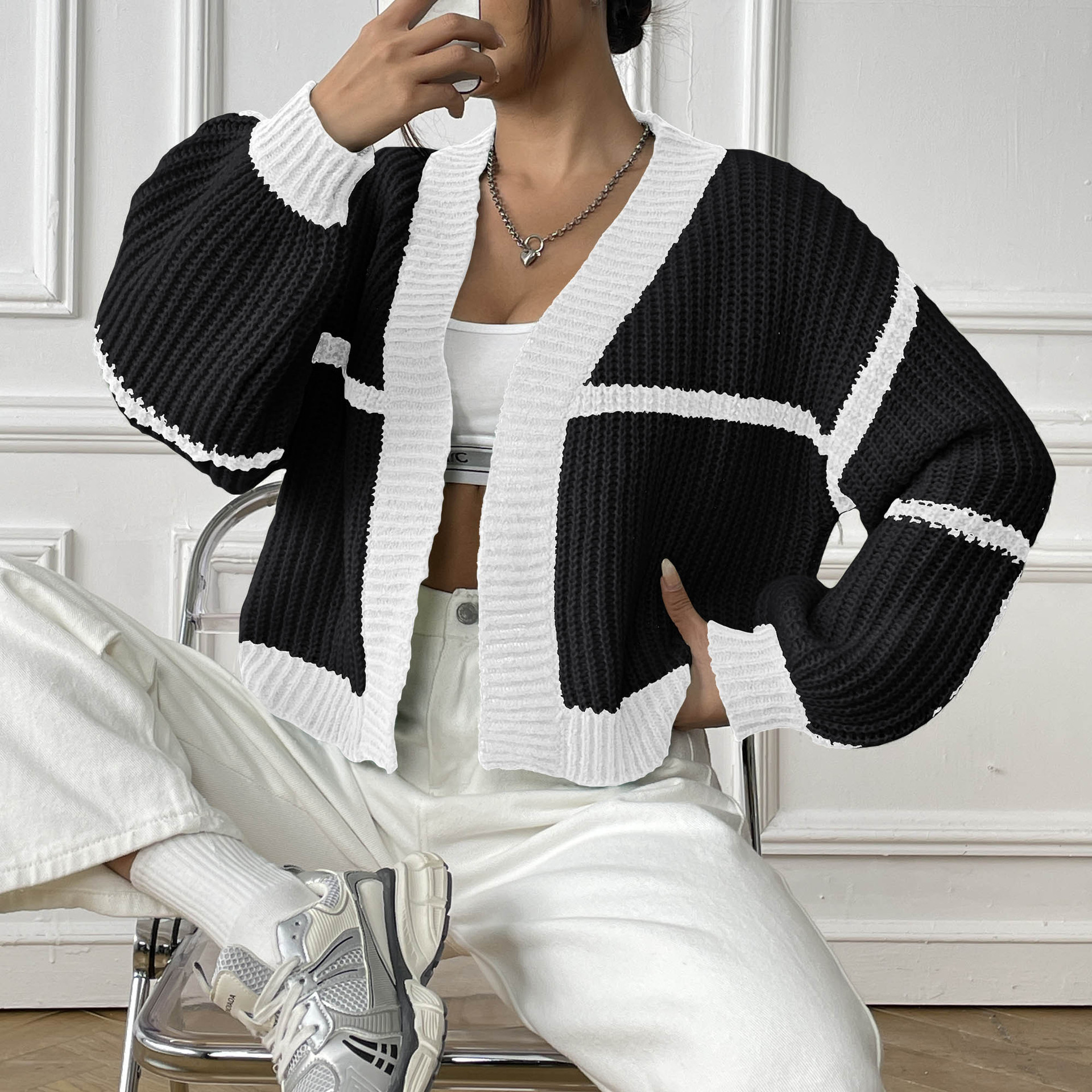 Women's Loose Color-Block Knit Cardigan with Lantern Sleeves