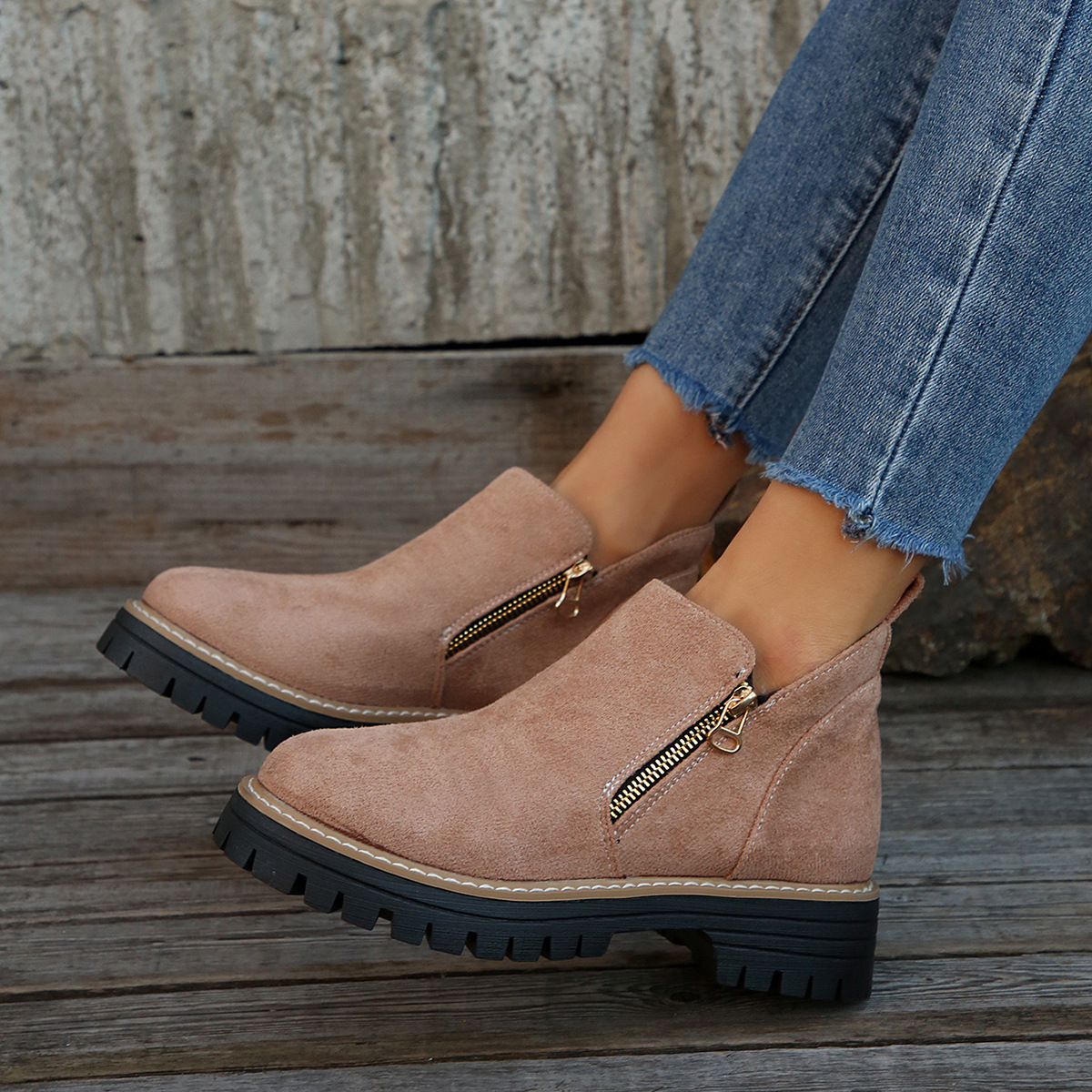 Women's Round Toe Side Zipper Square Heel Synthetic Leather Short Boots
