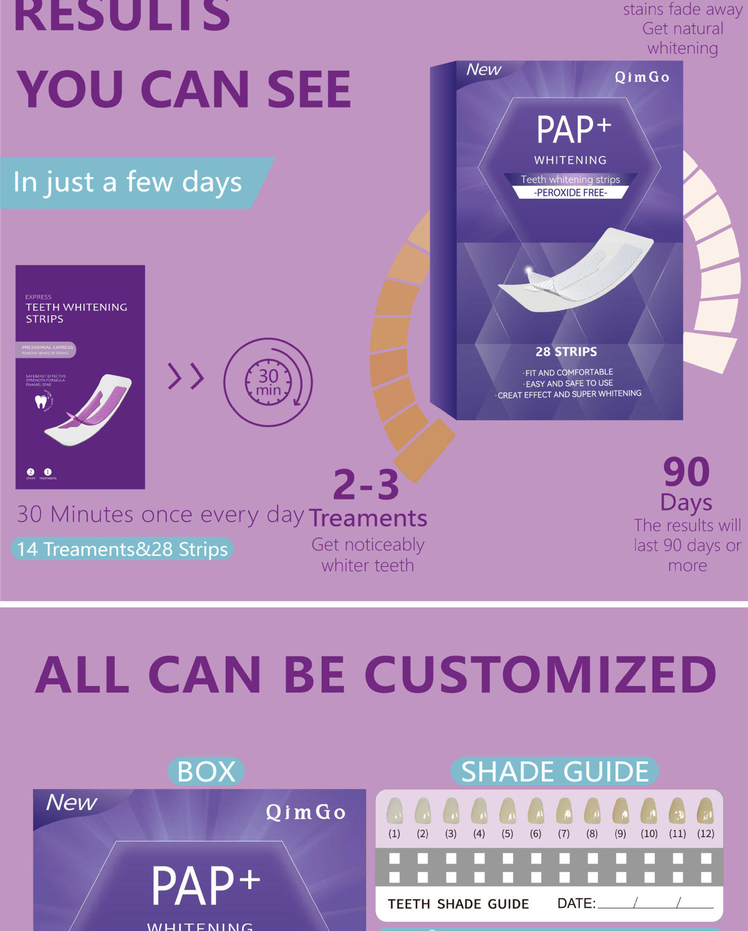 14 Pairs Purple PAP Teeth Whitening Strips Peroxide Gel Kit