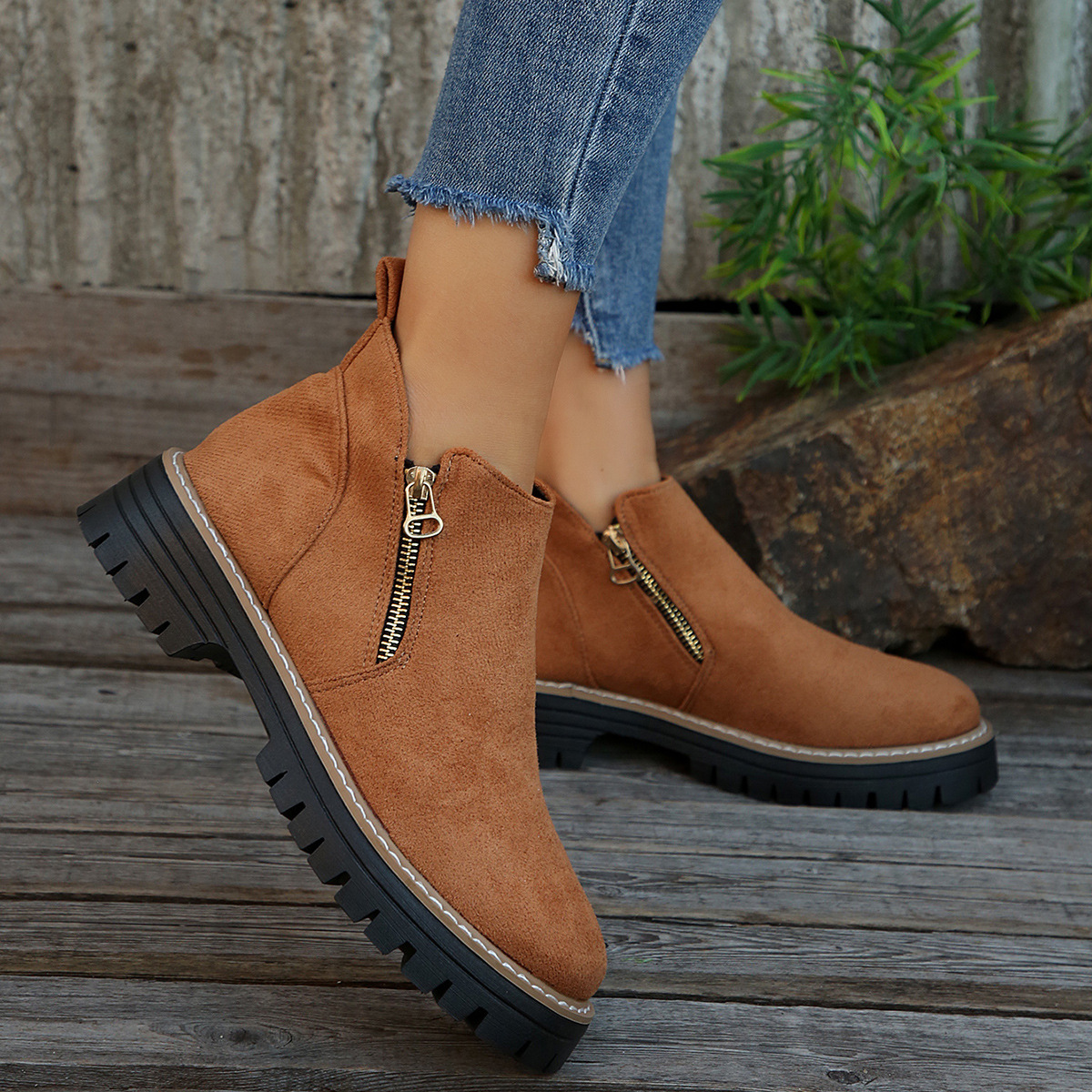 Women's Round Toe Square Heel Short Boots, Snake and Two-Tone Styles
