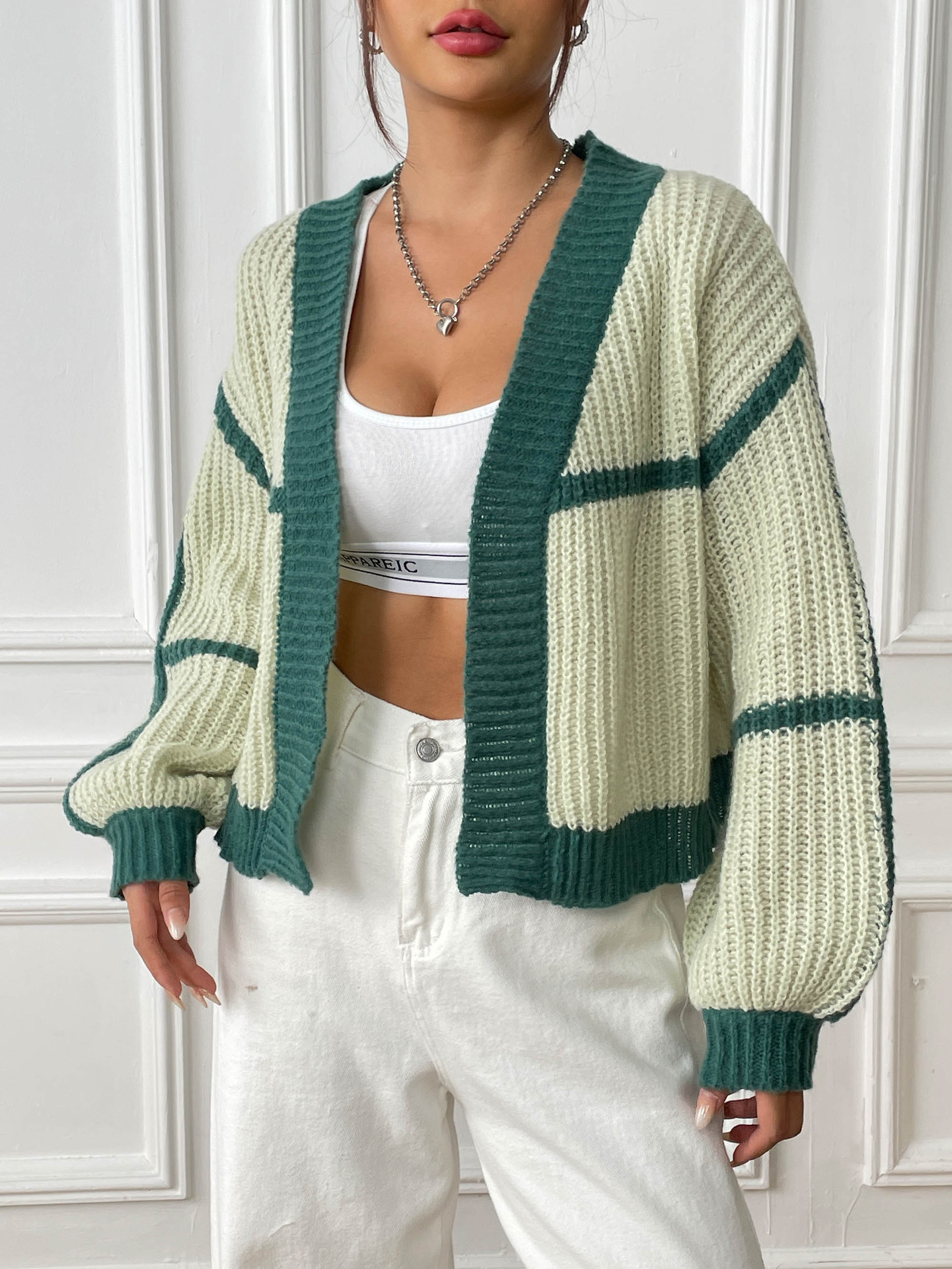 Women's Loose Color-Block Knit Cardigan with Lantern Sleeves