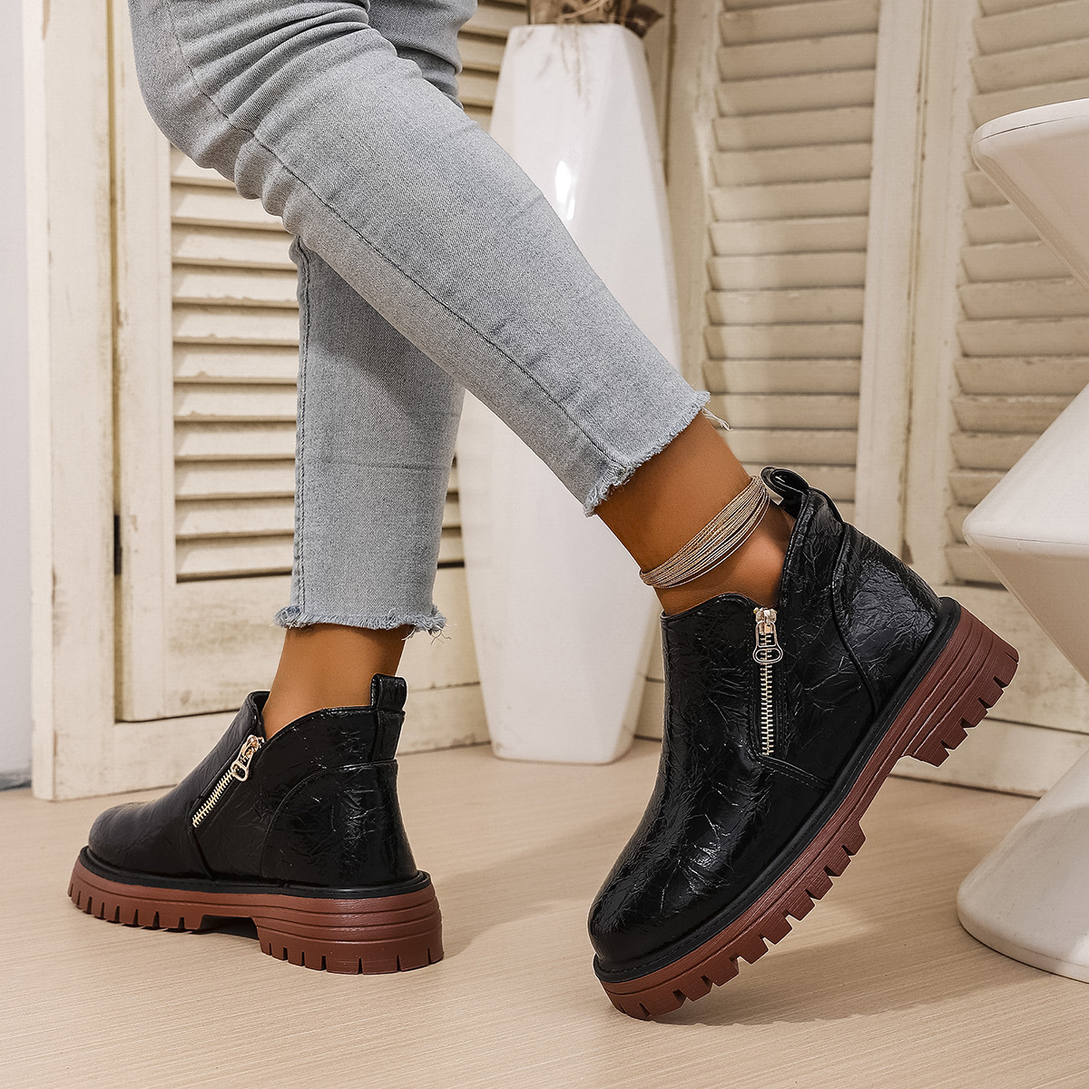 Women's Round Toe Side Zipper Square Heel Synthetic Leather Short Boots